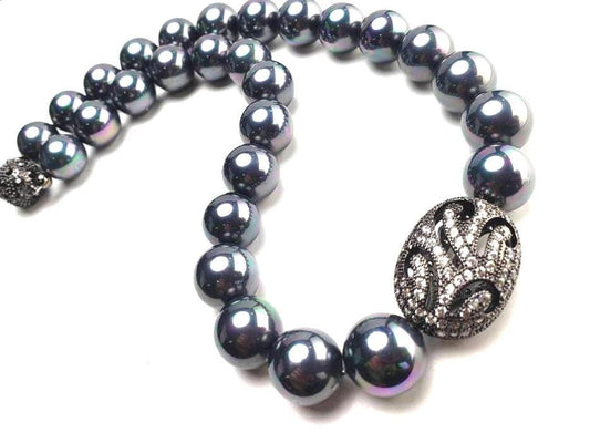 14mm South Sea shell pearl large Rainbow Peacock black AB with CZ diamond 20x27mm large pave charm ,magnetic clasp Statement necklace, Gift