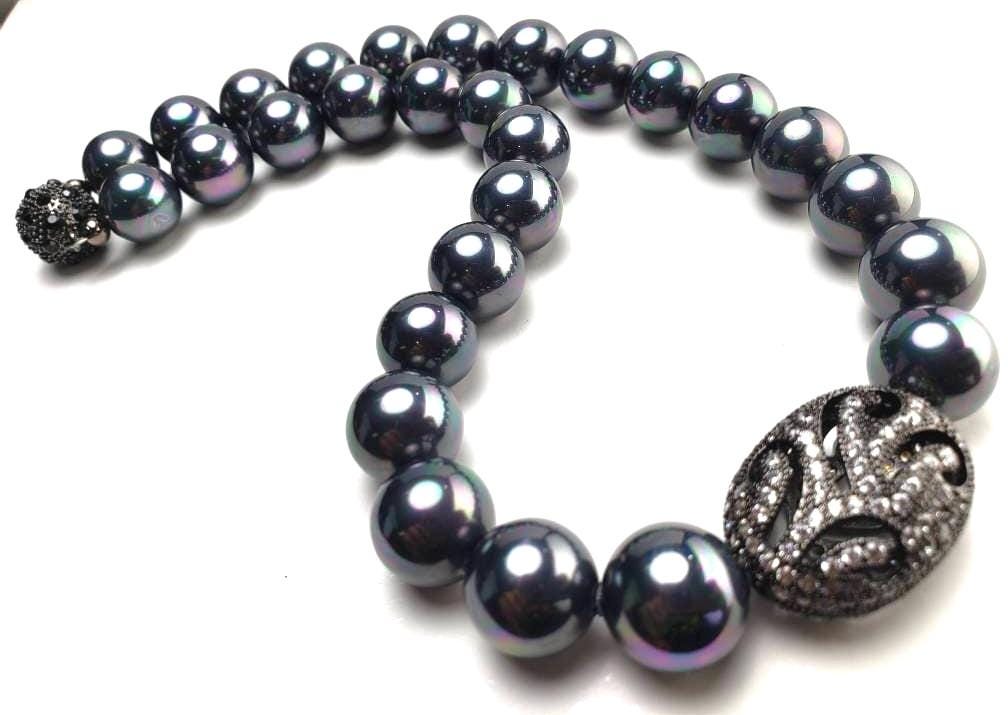 14mm South Sea shell pearl large Rainbow Peacock black AB with CZ diamond 20x27mm large pave charm ,magnetic clasp Statement necklace, Gift