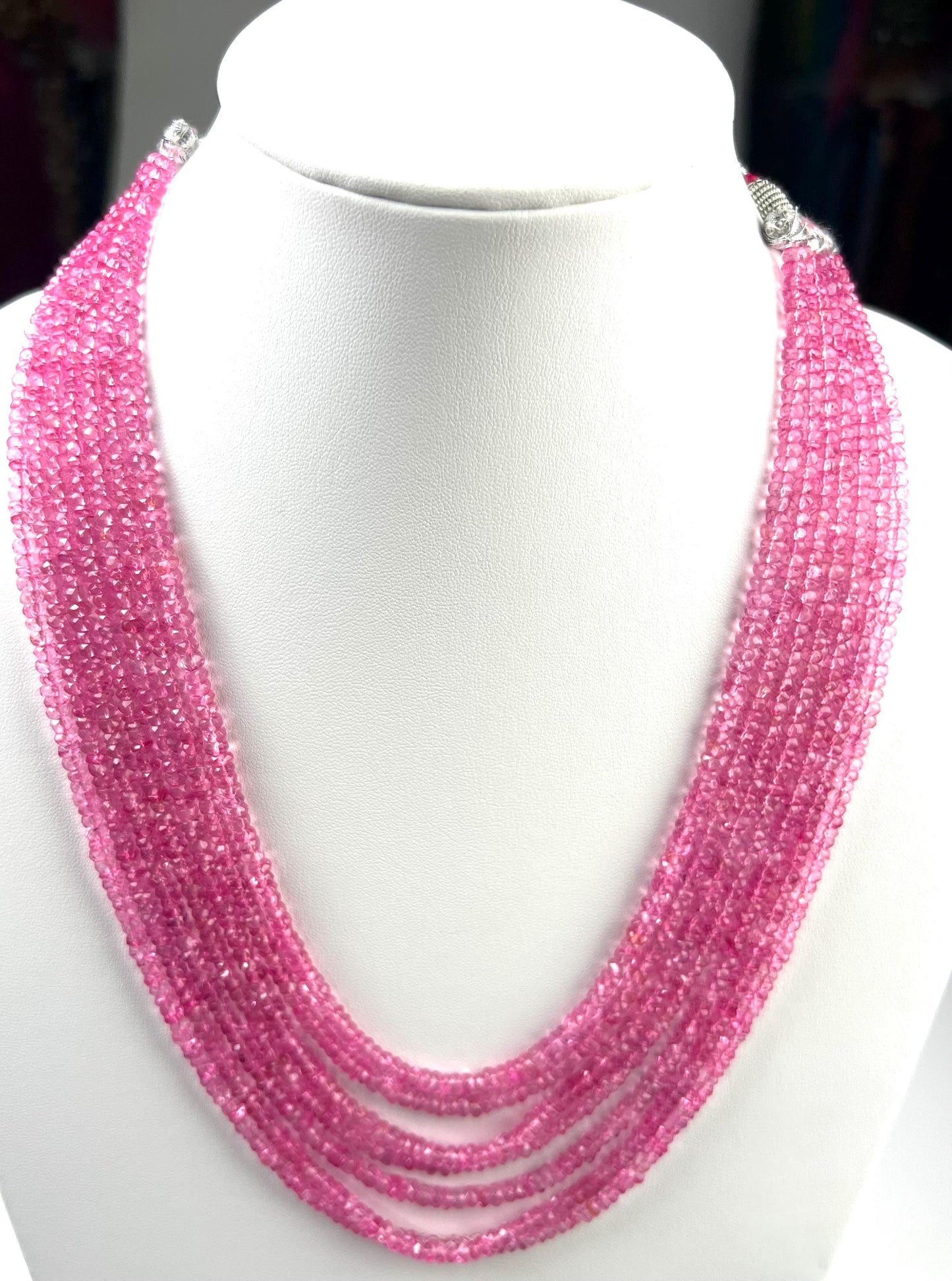 Genuine Pink Topaz 7 layers Faceted Rondelle Gemstone Necklace.AAA clear quality sweet deep pink magenta 20” plus adjustable thread 759 cts