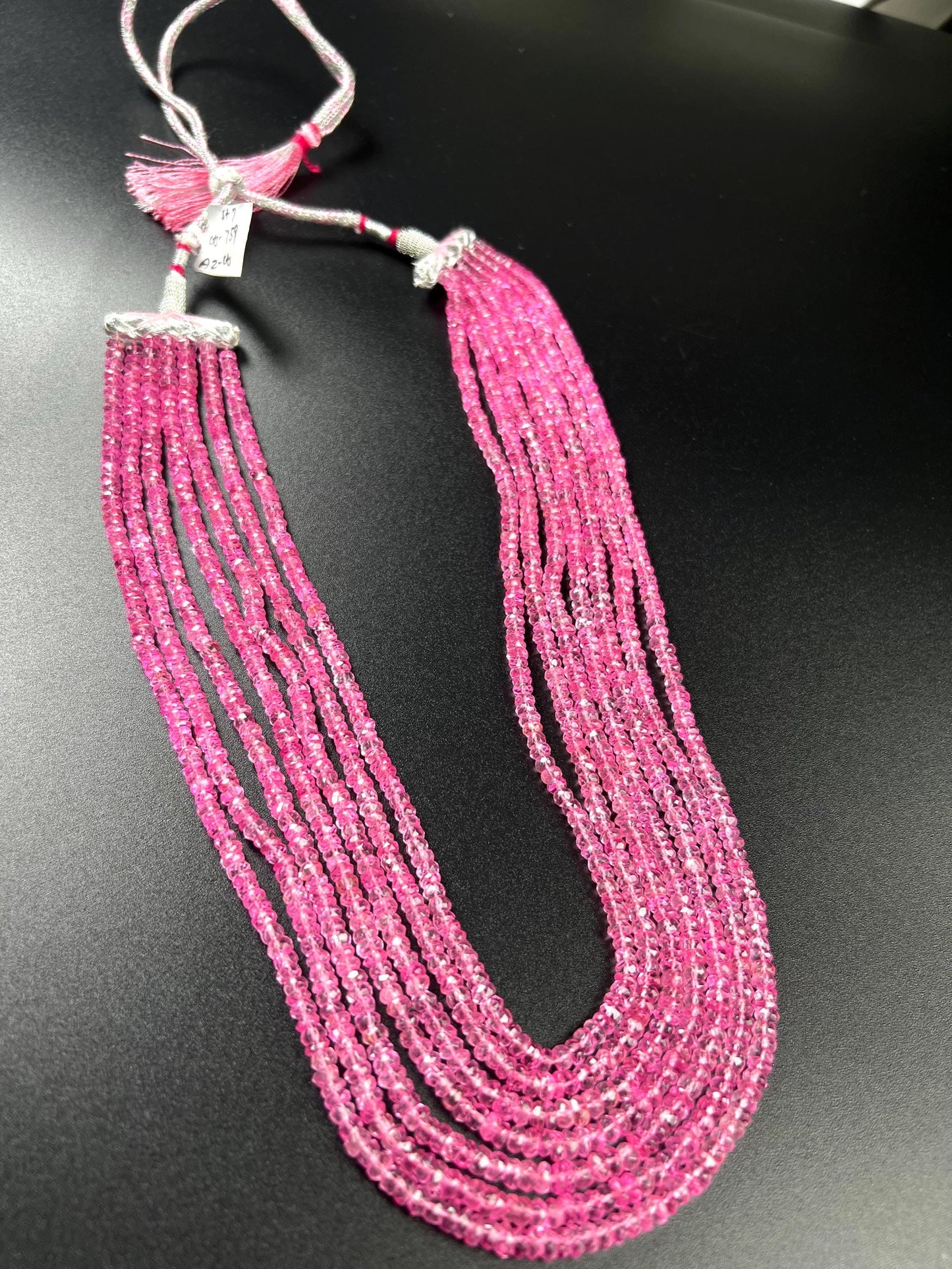Genuine Pink Topaz 7 layers Faceted Rondelle Gemstone Necklace.AAA clear quality sweet fuchsia pink magenta 20” plus adj thread 759 cts