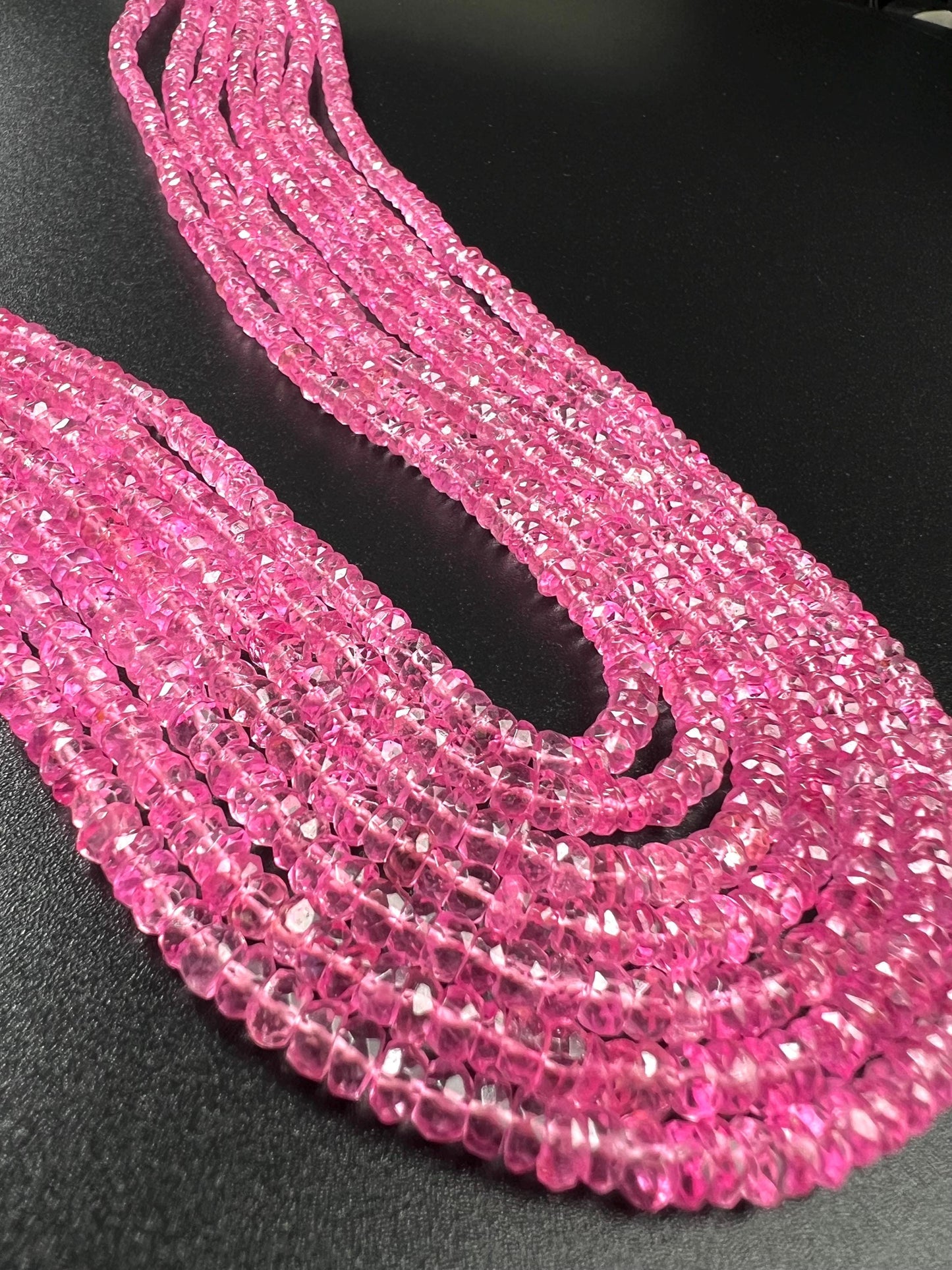 Genuine Pink Topaz 7 layers Faceted Rondelle Gemstone Necklace.AAA clear quality sweet fuchsia pink magenta 20” plus adj thread 759 cts