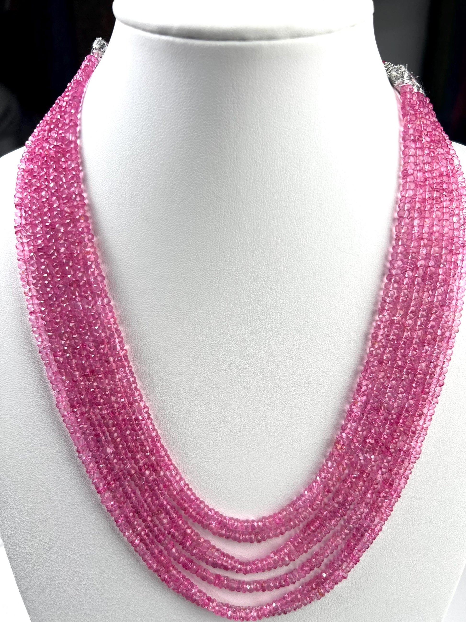 Genuine Pink Topaz 7 layers Faceted Rondelle Gemstone Necklace.AAA clear quality sweet deep pink magenta 20” plus adjustable thread 759 cts