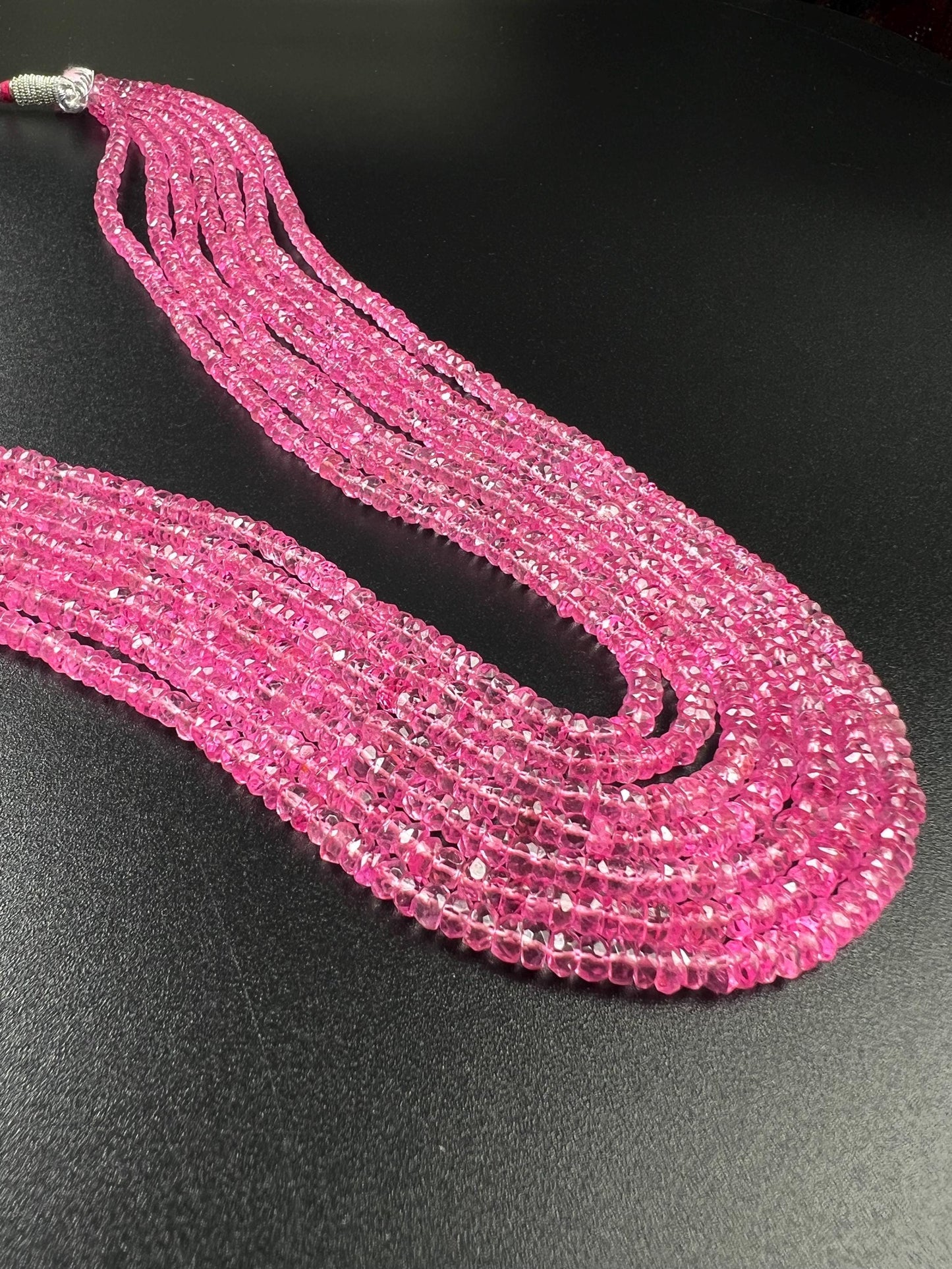 Genuine Pink Topaz 7 layers Faceted Rondelle Gemstone Necklace.AAA clear quality sweet fuchsia pink magenta 20” plus adj thread 759 cts