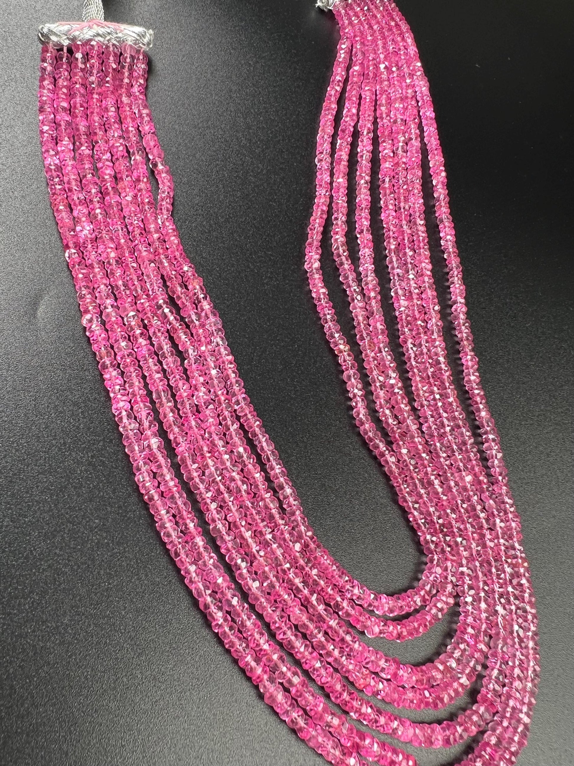 Genuine Pink Topaz 7 layers Faceted Rondelle Gemstone Necklace.AAA clear quality sweet fuchsia pink magenta 20” plus adj thread 759 cts