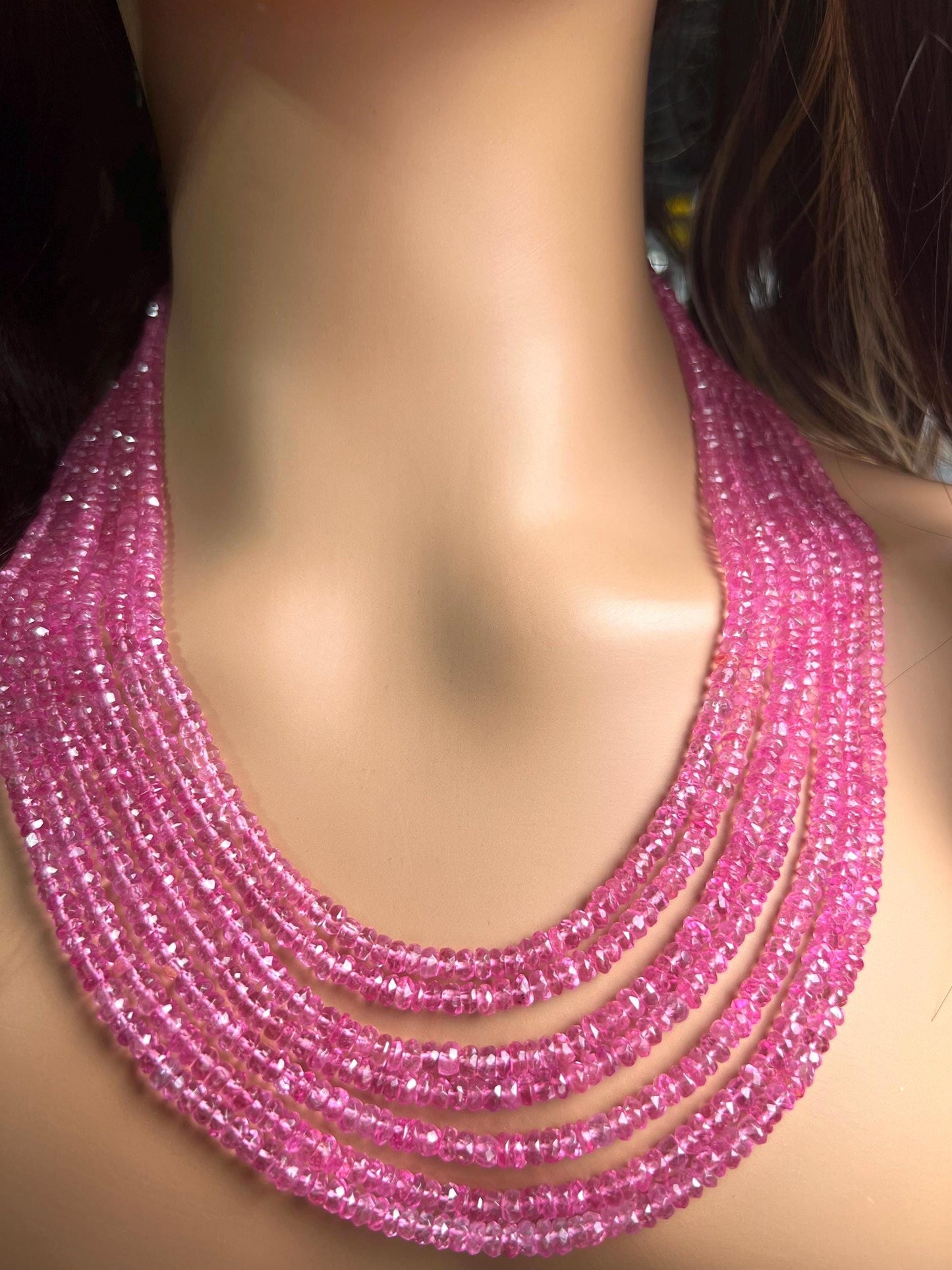 Genuine Pink Topaz 7 layers Faceted Rondelle Gemstone Necklace.AAA clear quality sweet fuchsia pink magenta 20” plus adj thread 759 cts