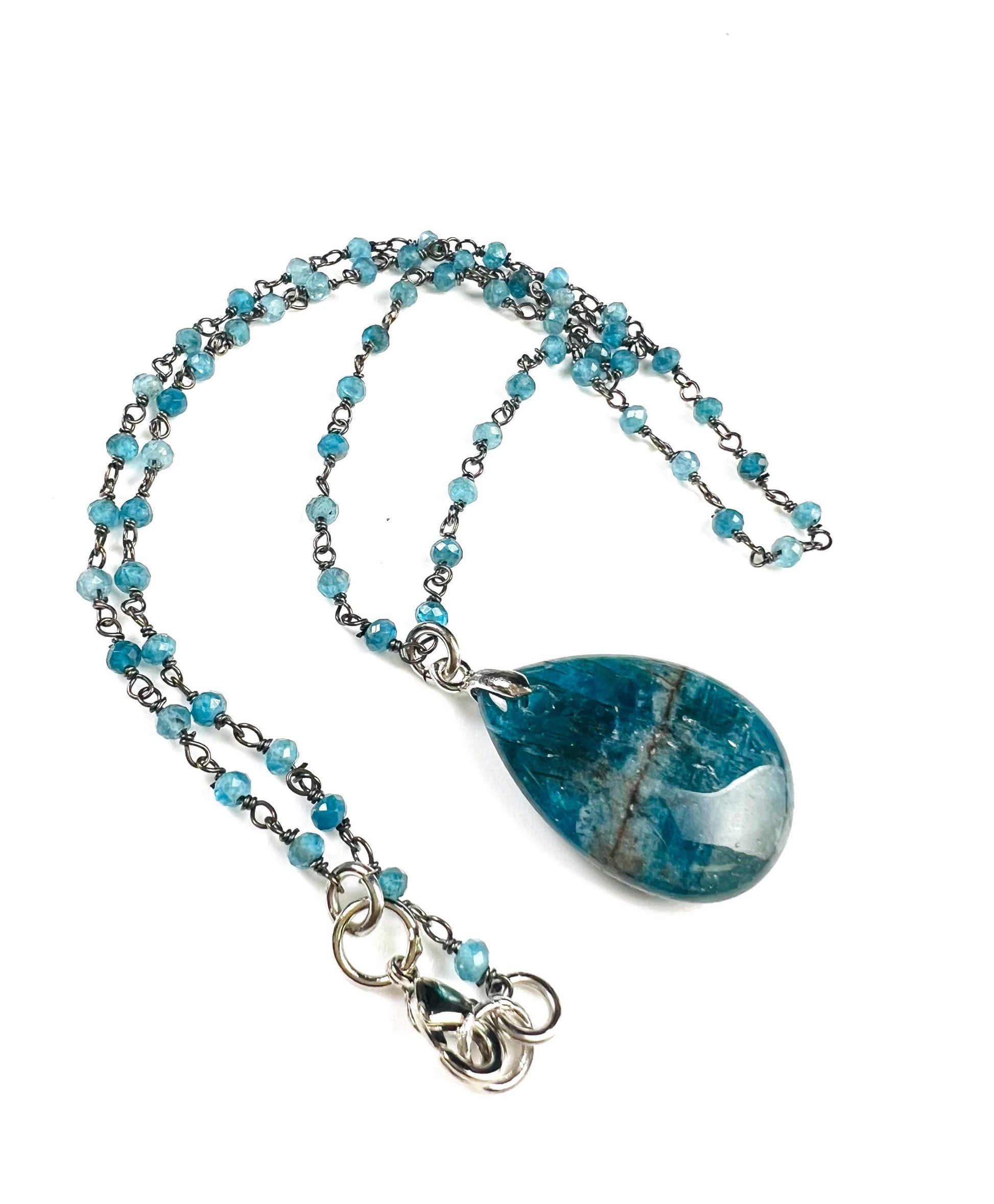 Natural Apatite gemstone drop 18x25mm pendant and chain necklace beautiful pattern smooth pendant and natural Apatite beaded chain