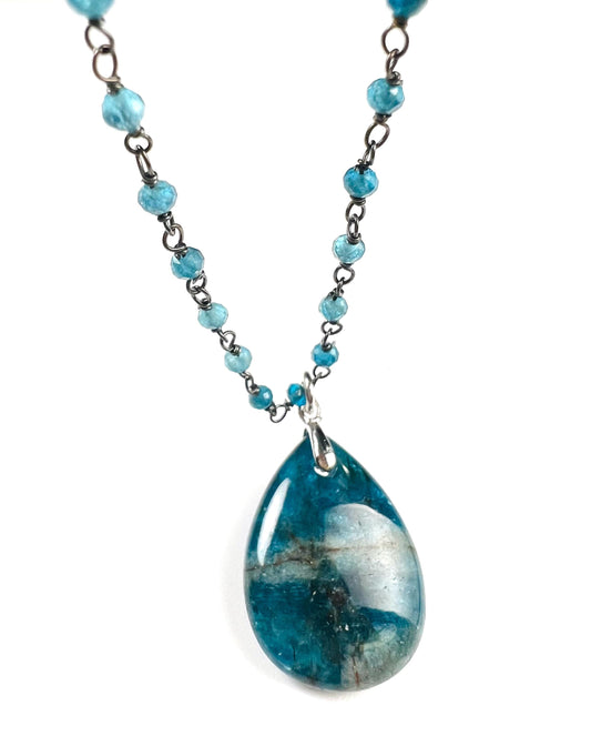 Natural Apatite gemstone drop 18x25mm pendant and chain necklace beautiful pattern smooth pendant and natural Apatite beaded chain