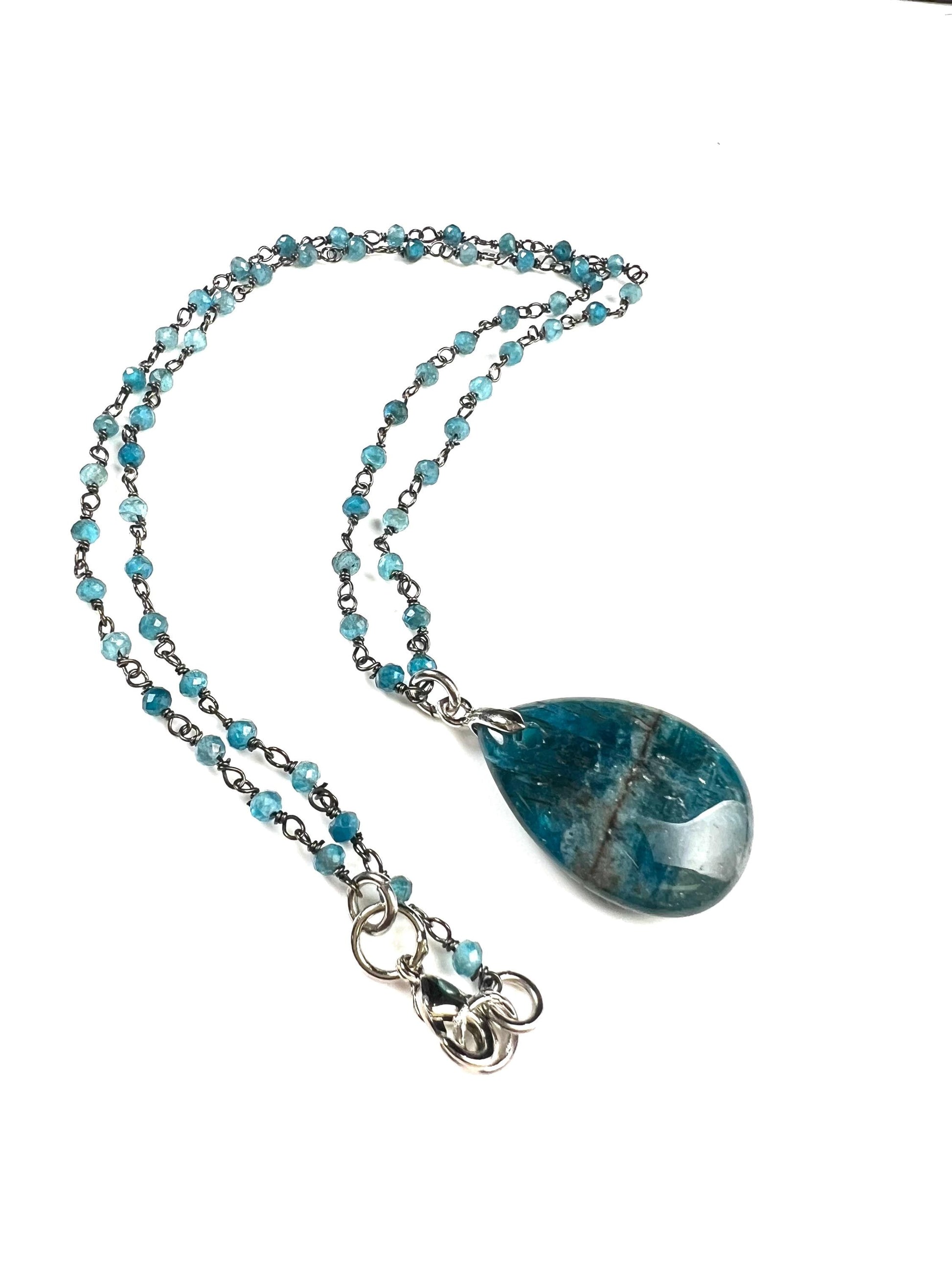 Natural Apatite gemstone drop 18x25mm pendant and chain necklace beautiful pattern smooth pendant and natural Apatite beaded chain