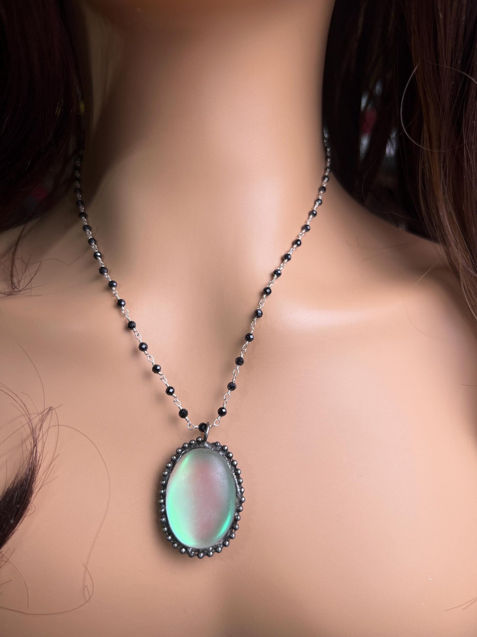 Aurora Opal glow Pendant with Black spinel silver vintage style Necklace. 25x38mm Aurora borealis pendant very beautiful gift