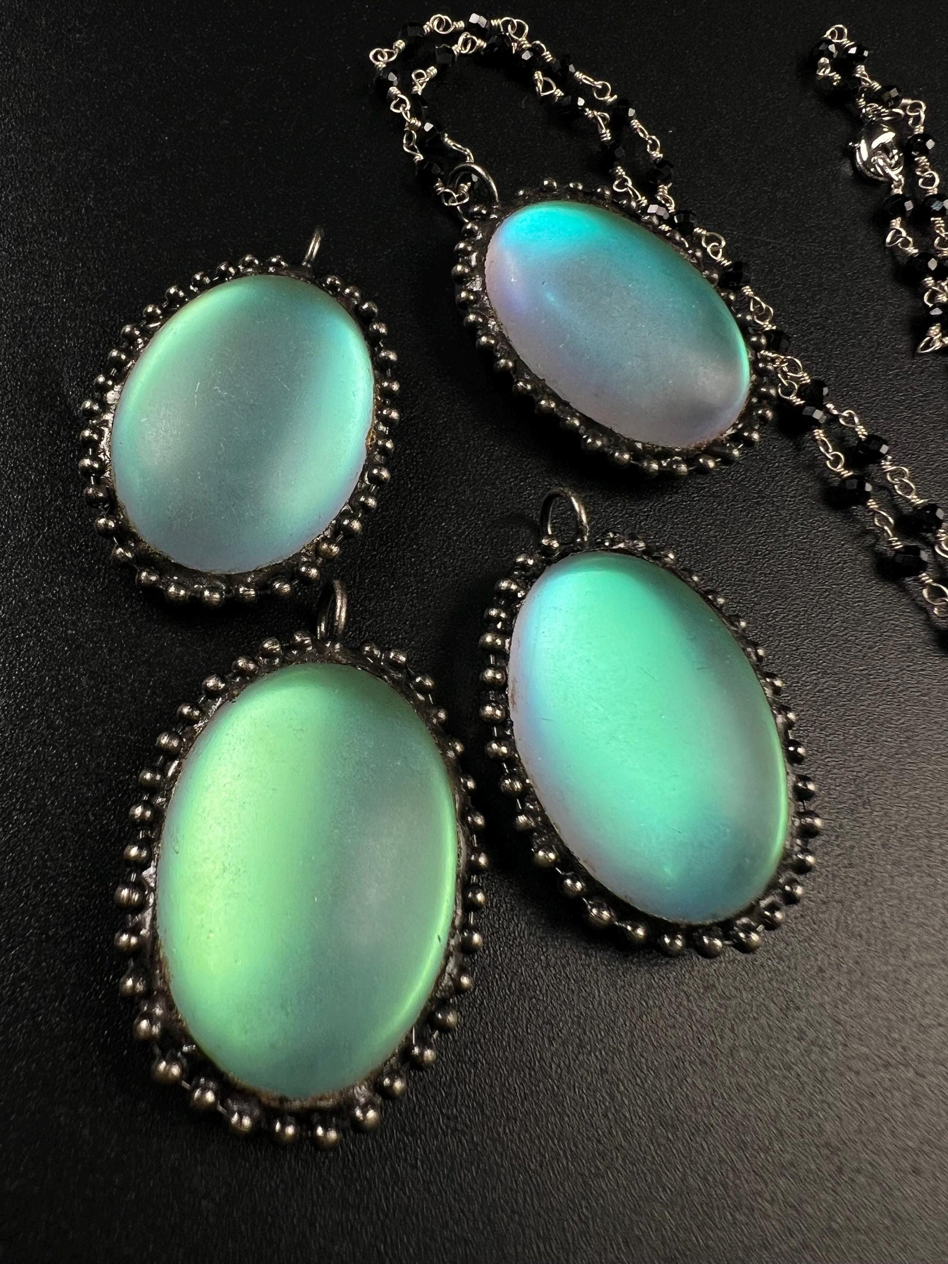 Aurora Opal glow Pendant with Black spinel silver vintage style Necklace. 25x38mm Aurora borealis pendant very beautiful gift