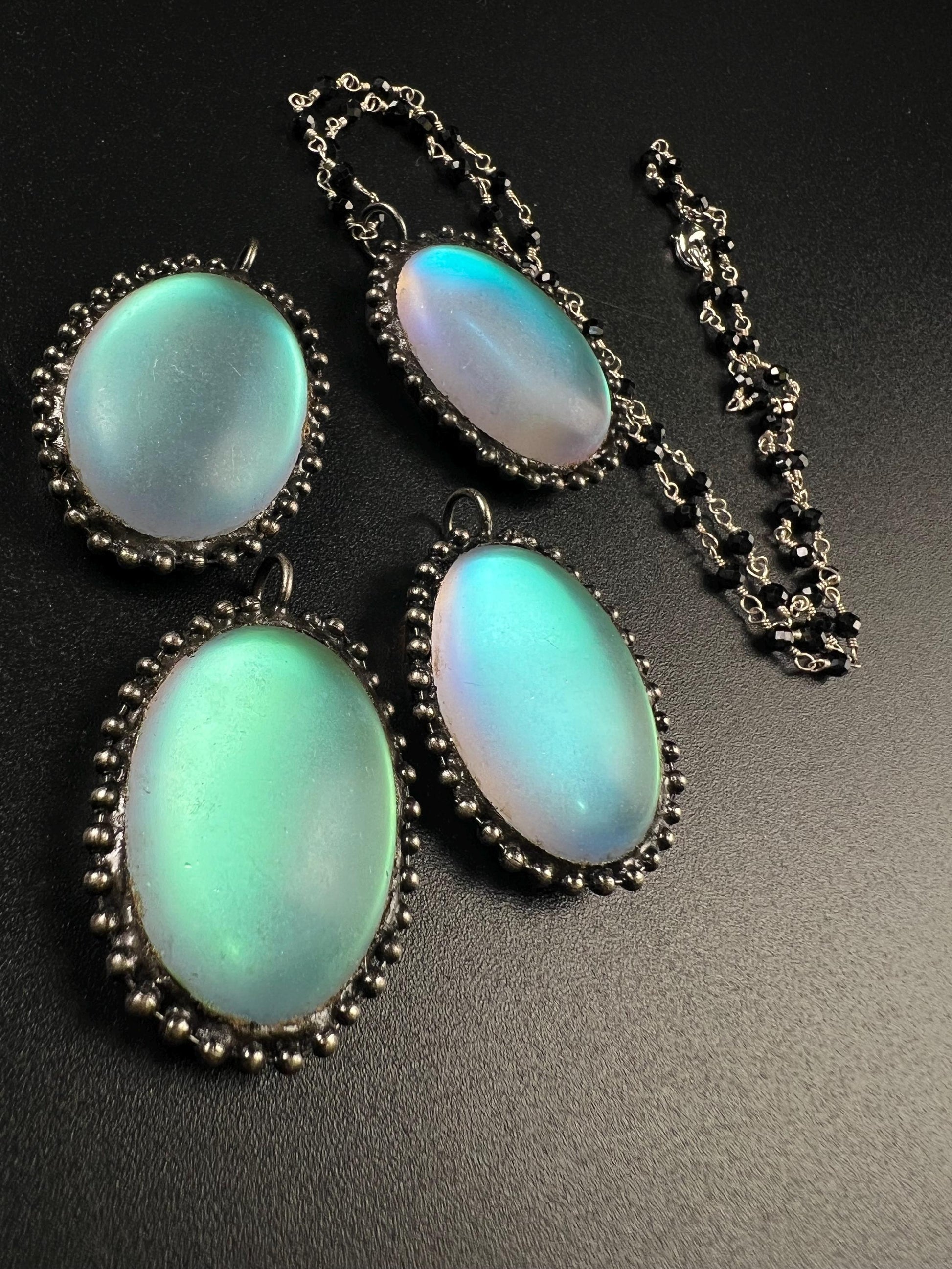 Aurora Opal glow Pendant with Black spinel silver vintage style Necklace. 25x38mm Aurora borealis pendant very beautiful gift