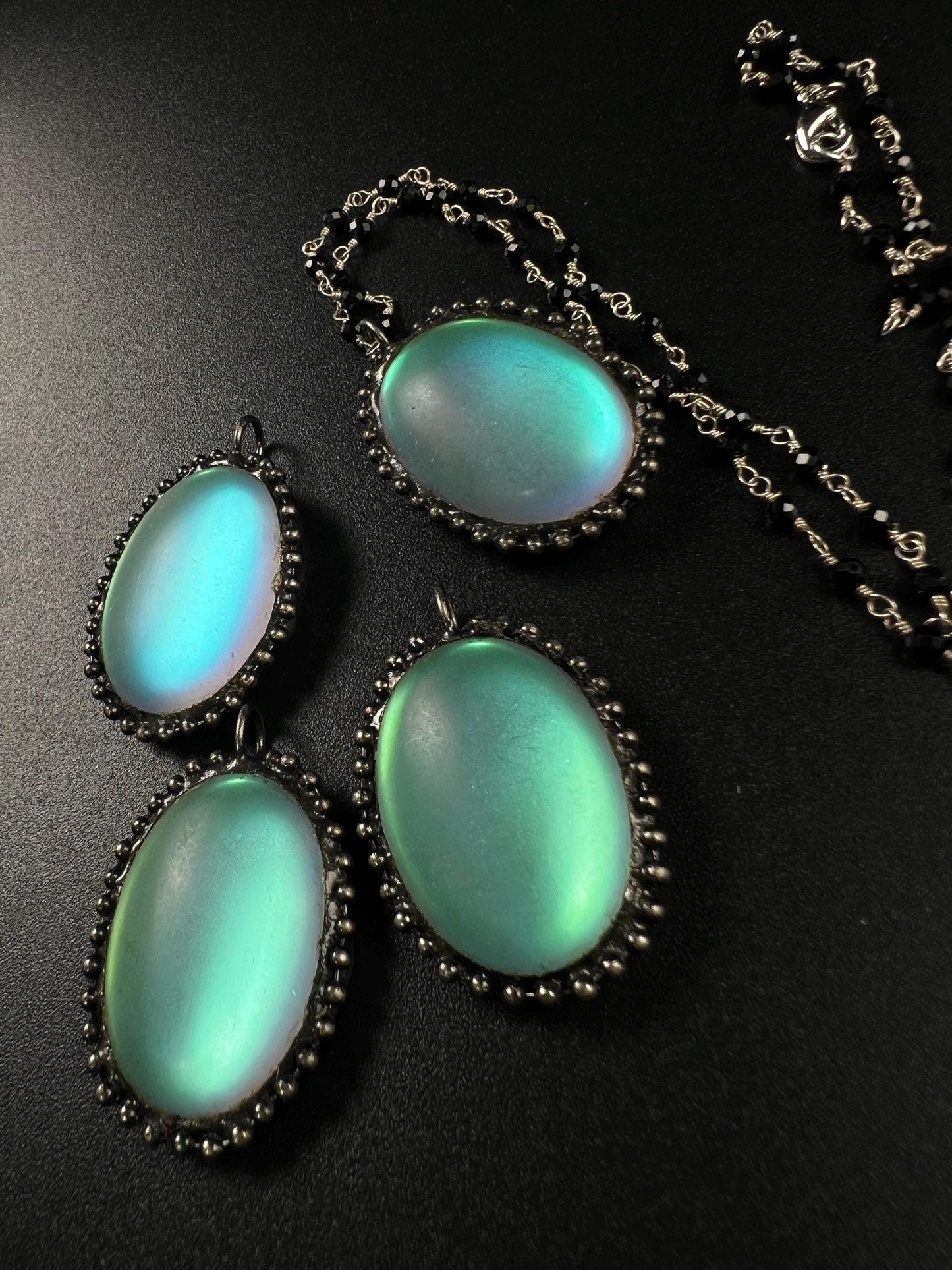 Aurora Opal glow Pendant with Black spinel silver vintage style Necklace. 25x38mm Aurora borealis pendant very beautiful gift