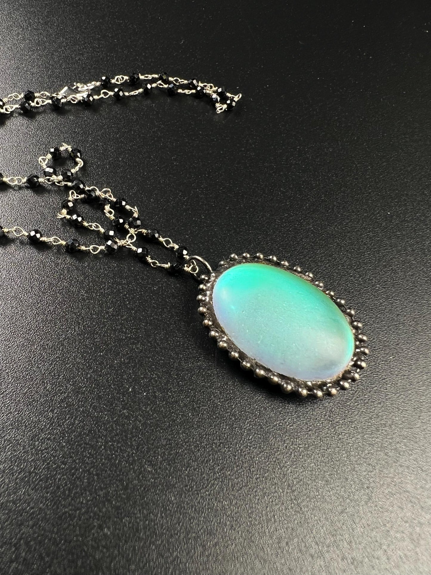 Aurora Opal glow Pendant with Black spinel silver vintage style Necklace. 25x38mm Aurora borealis pendant very beautiful gift