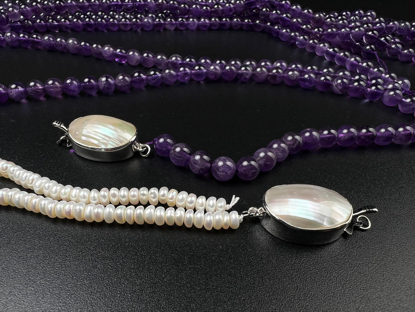 White Mother of Pearl Oval large vintage hand curved push in open Fancy Rhodium Sterling silver clasp.