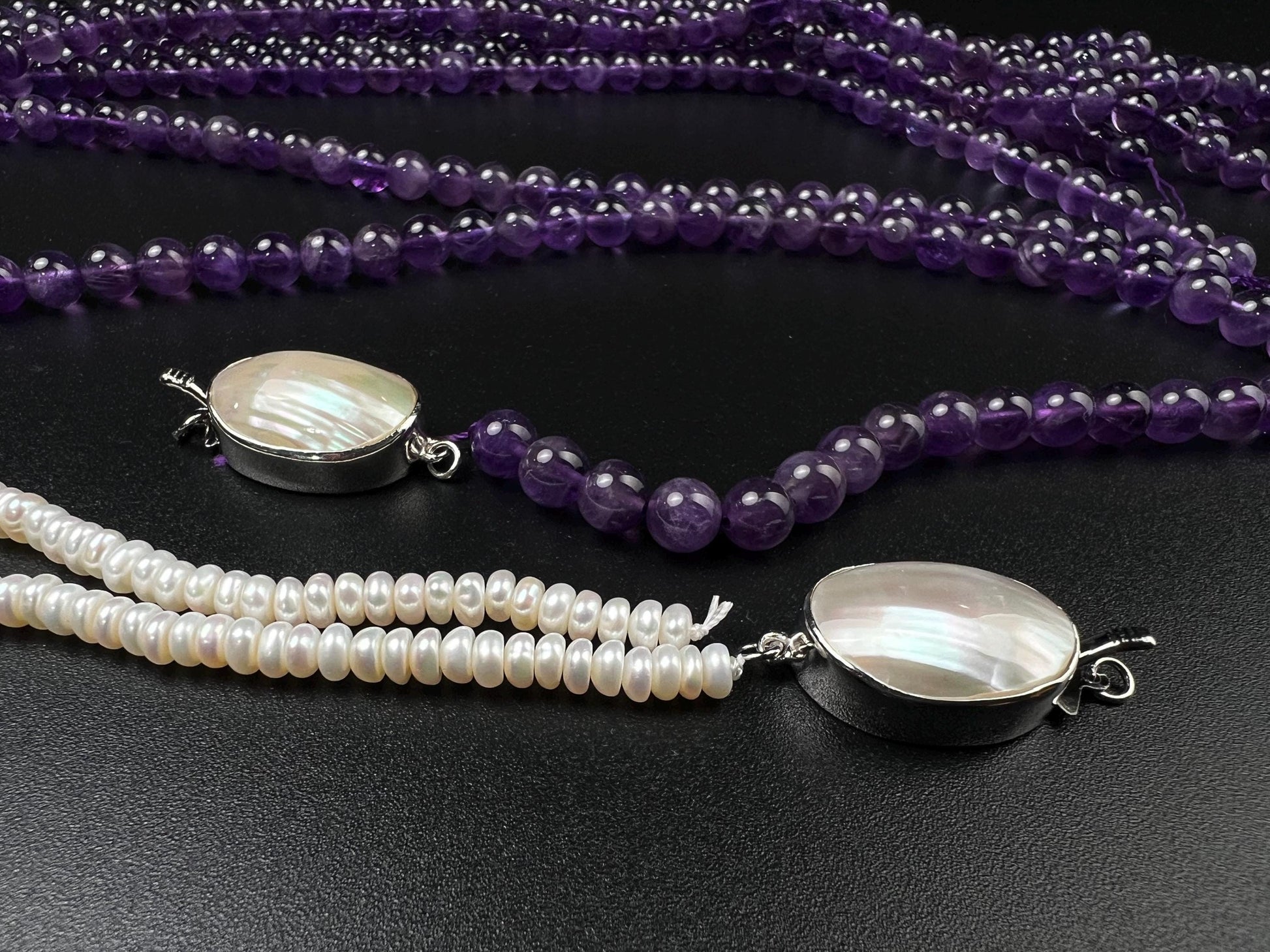 White Mother of Pearl Oval large vintage hand curved push in open Fancy Rhodium Sterling silver clasp.