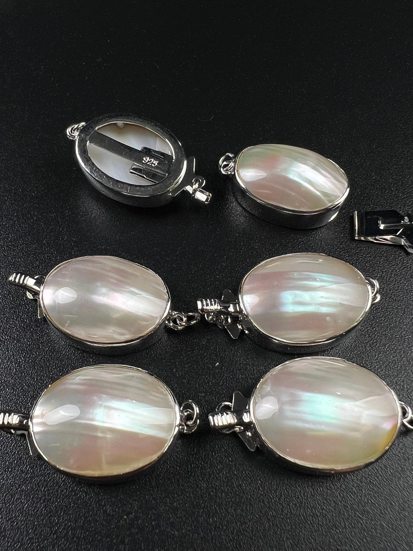 White Mother of Pearl Oval large vintage hand curved push in open Fancy Rhodium Sterling silver clasp.