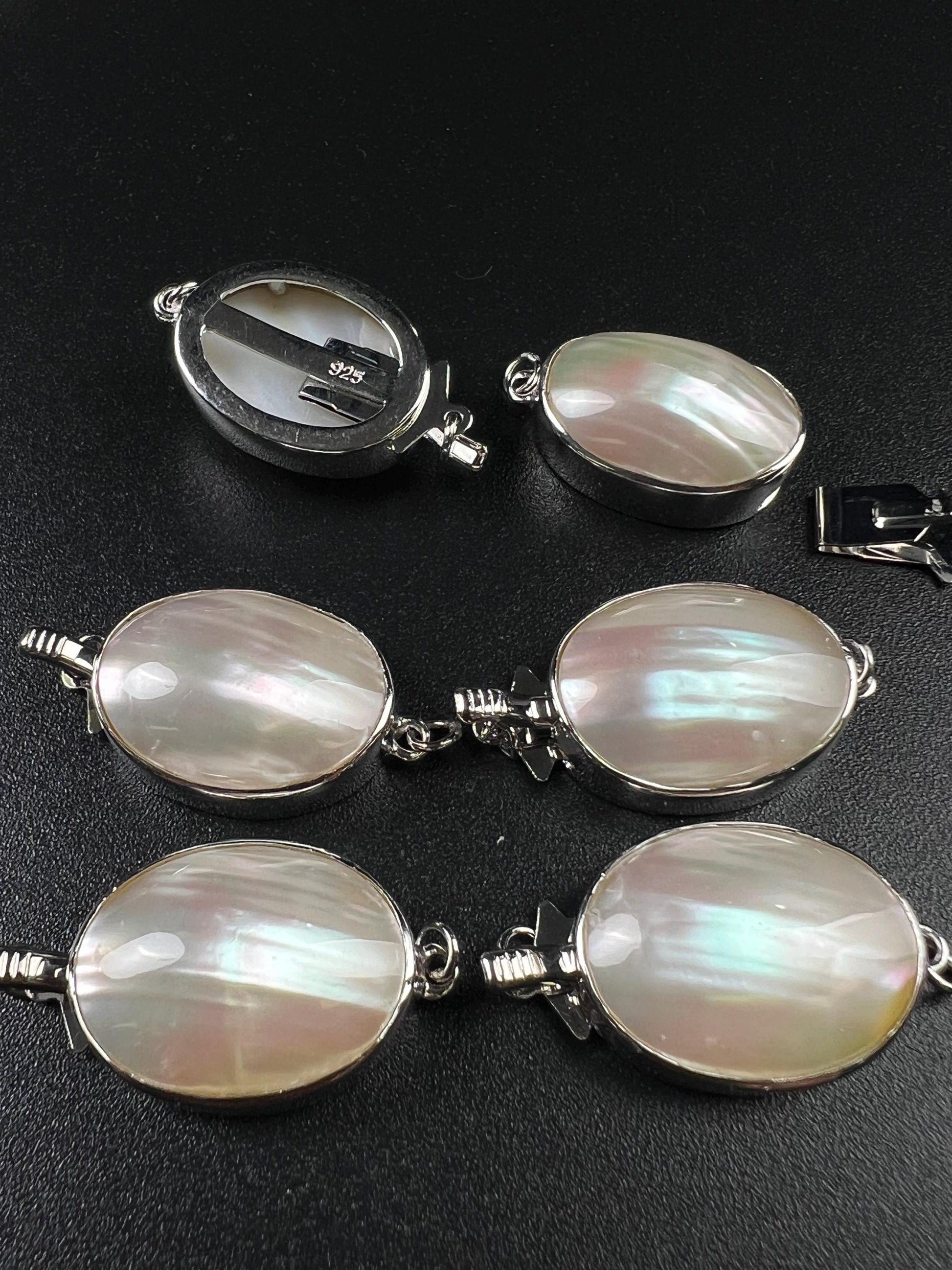 White Mother of Pearl Oval large vintage hand curved push in open Fancy Rhodium Sterling silver clasp.