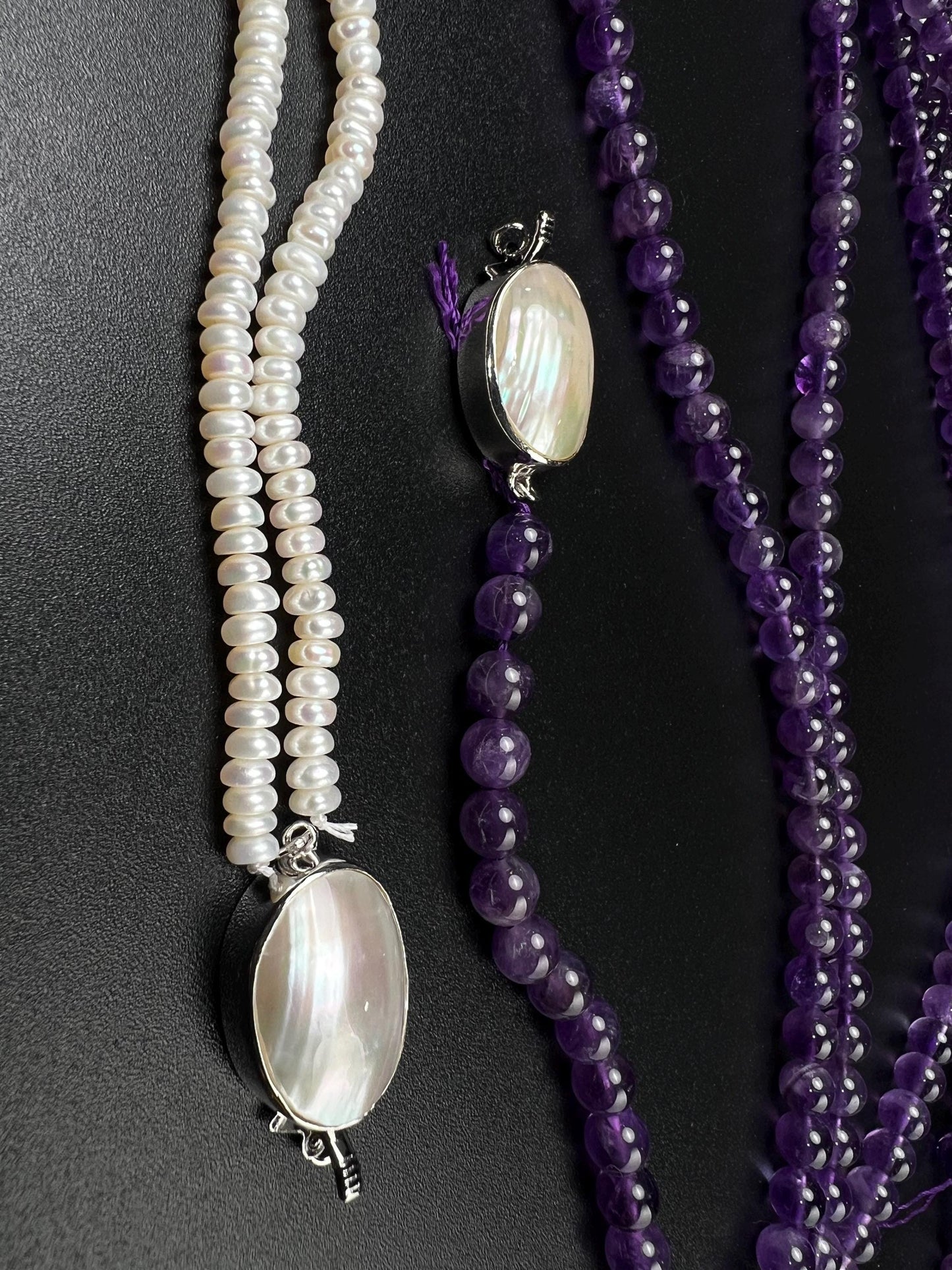 White Mother of Pearl Oval large vintage hand curved push in open Fancy Rhodium Sterling silver clasp.