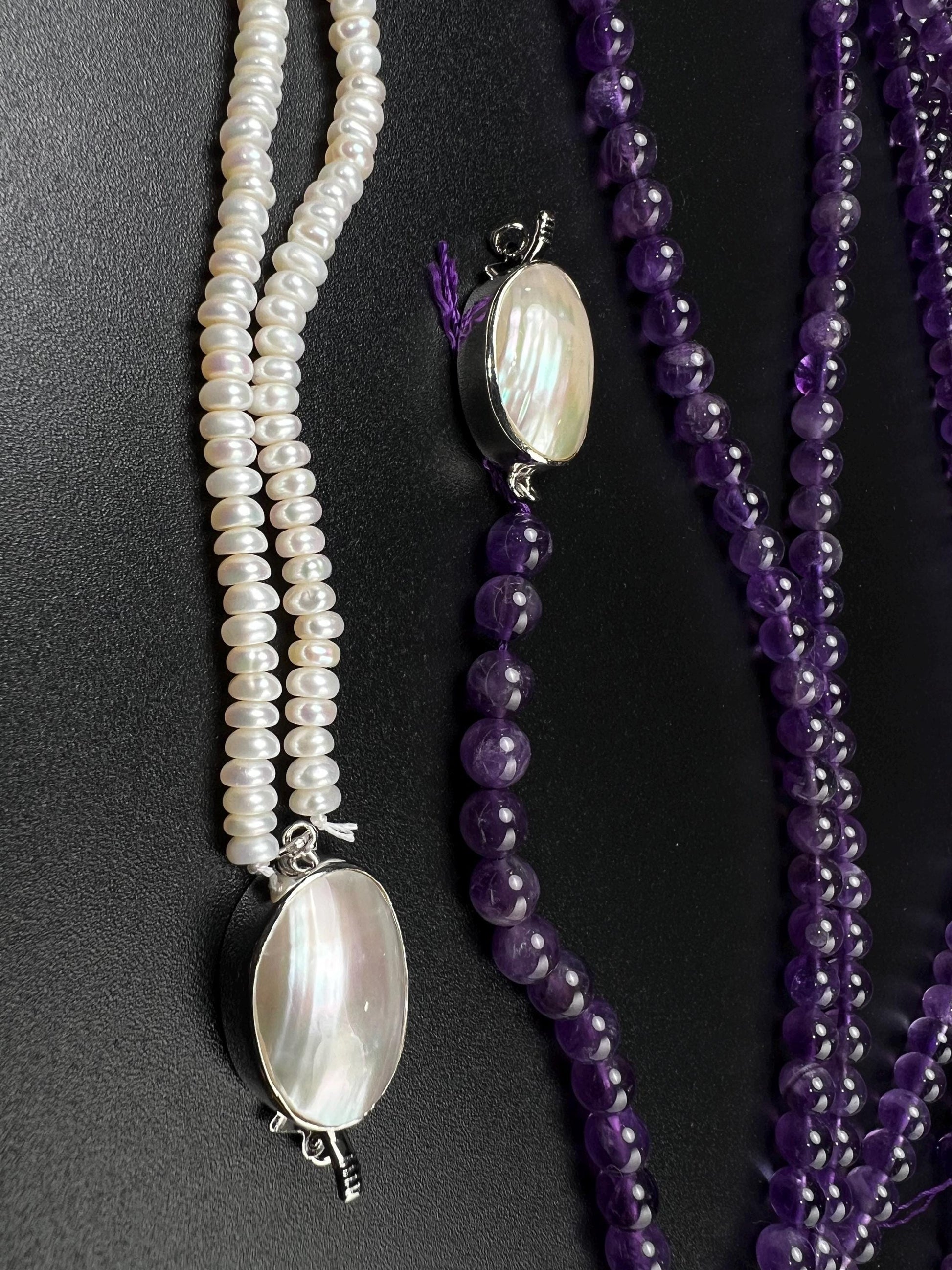 White Mother of Pearl Oval large vintage hand curved push in open Fancy Rhodium Sterling silver clasp.