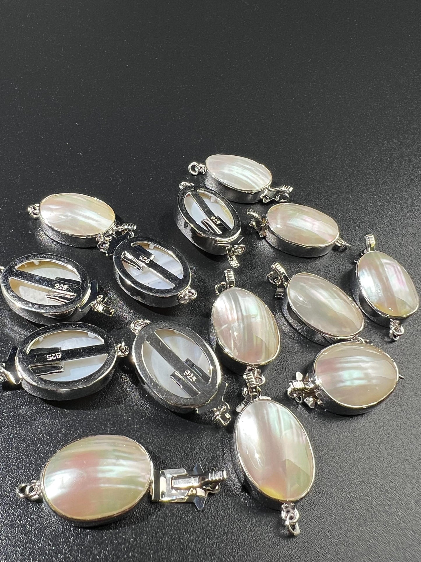 White Mother of Pearl Oval large vintage hand curved push in open Fancy Rhodium Sterling silver clasp.