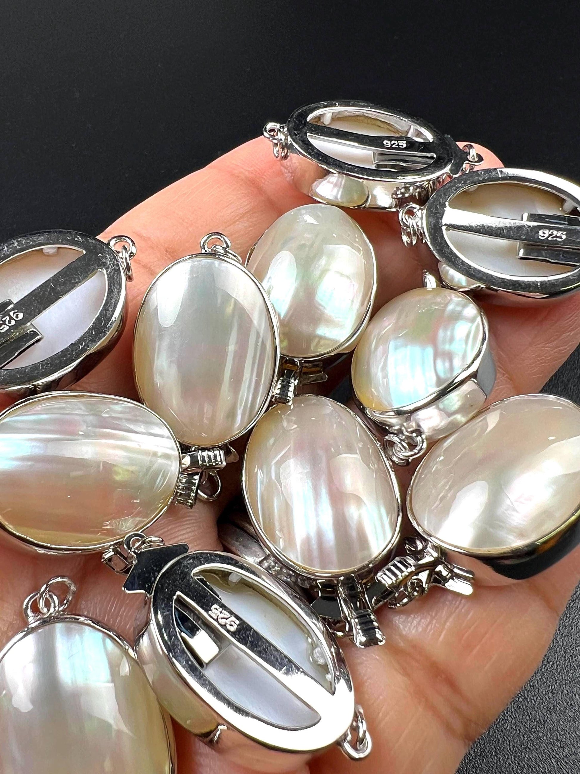 White Mother of Pearl Oval large vintage hand curved push in open Fancy Rhodium Sterling silver clasp.