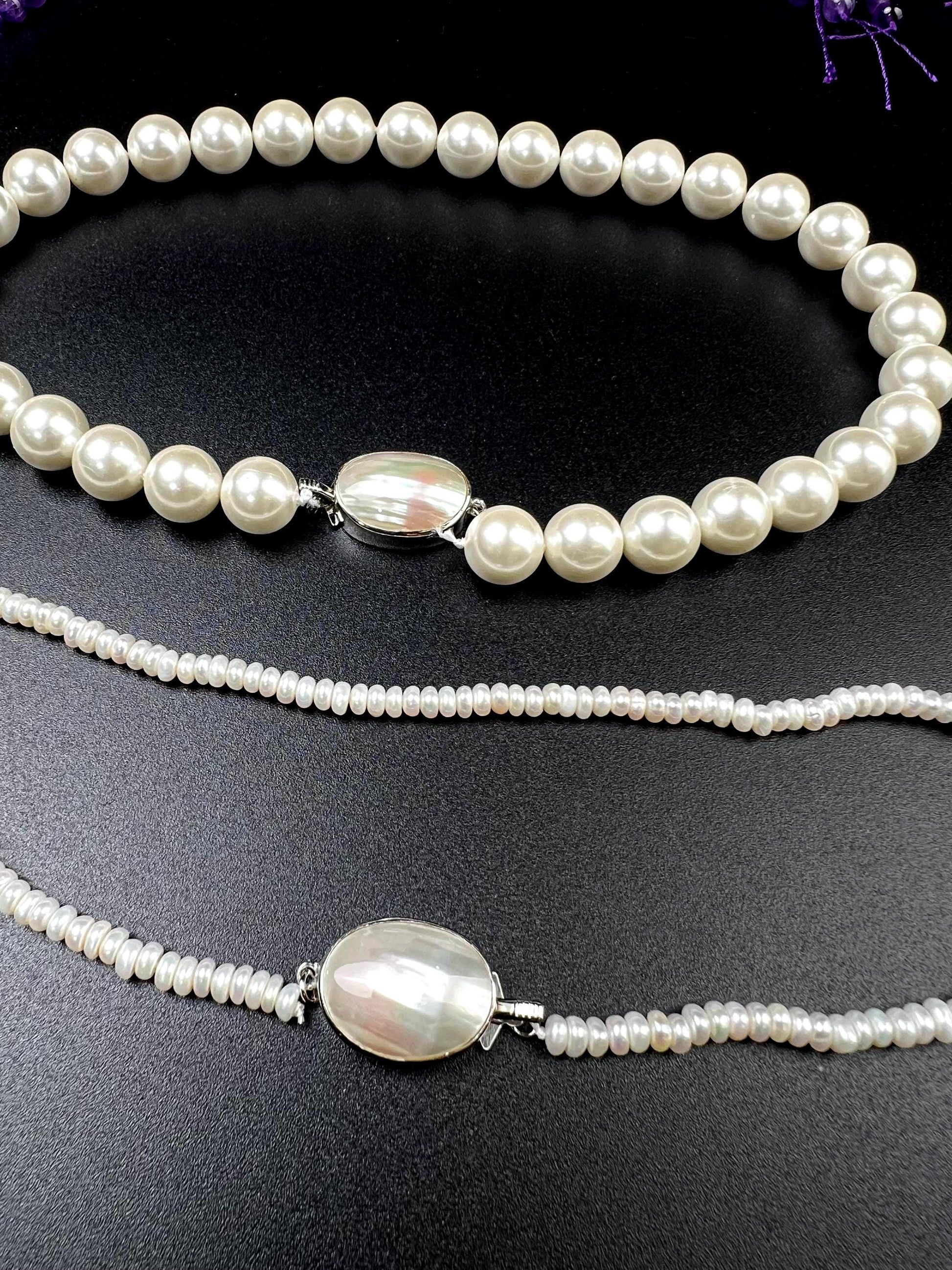 White Mother of Pearl Oval large vintage hand curved push in open Fancy Rhodium Sterling silver clasp.