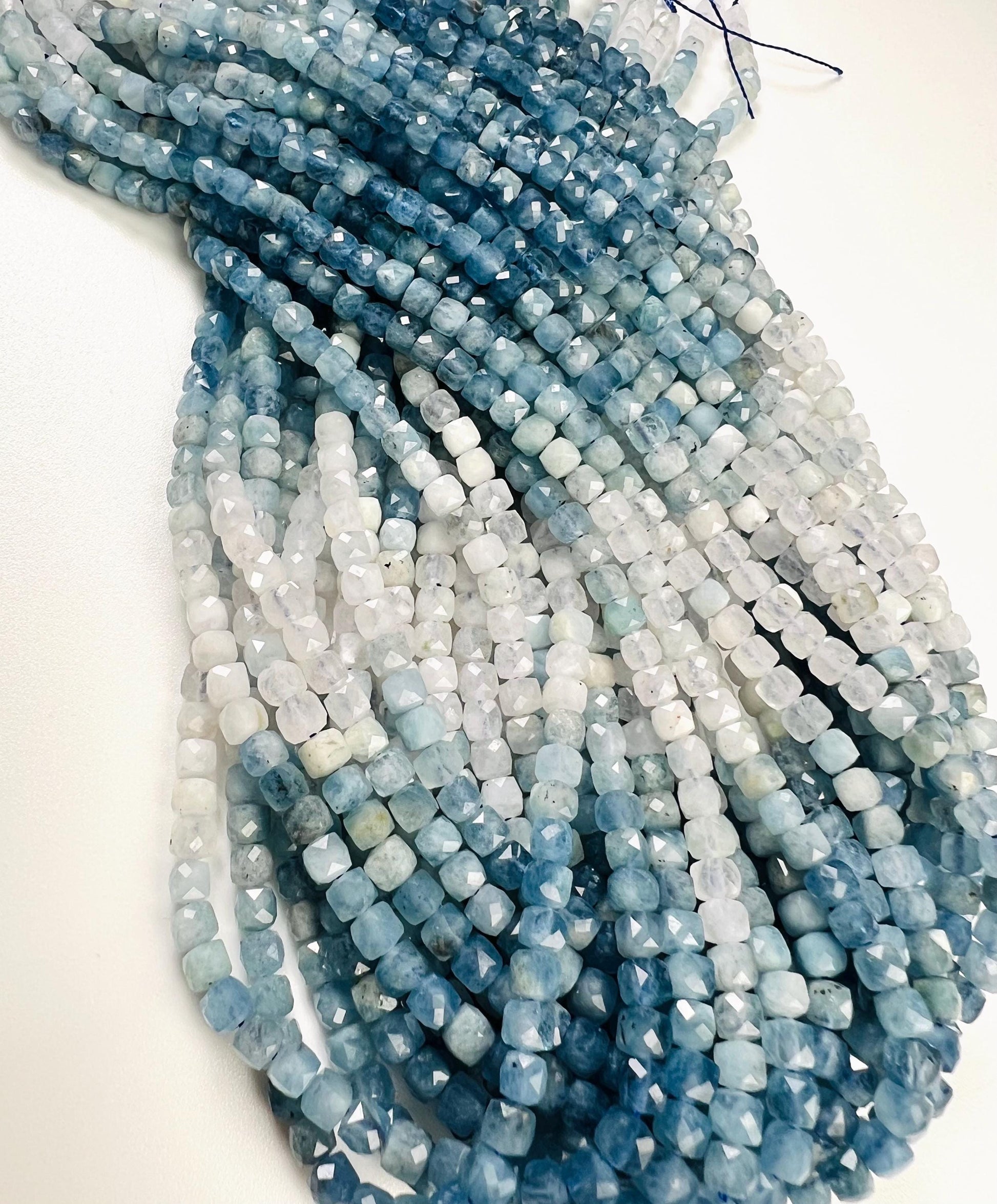 Natural Aquamarine Faceted Square cube shape Jewelry Making blue shaded beads 4-4.5mm 14” full Strand
