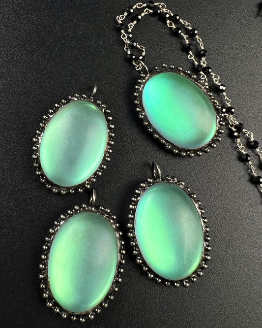 Aurora Opal glow Pendant with Black spinel silver vintage style Necklace. 25x38mm Aurora borealis pendant very beautiful gift