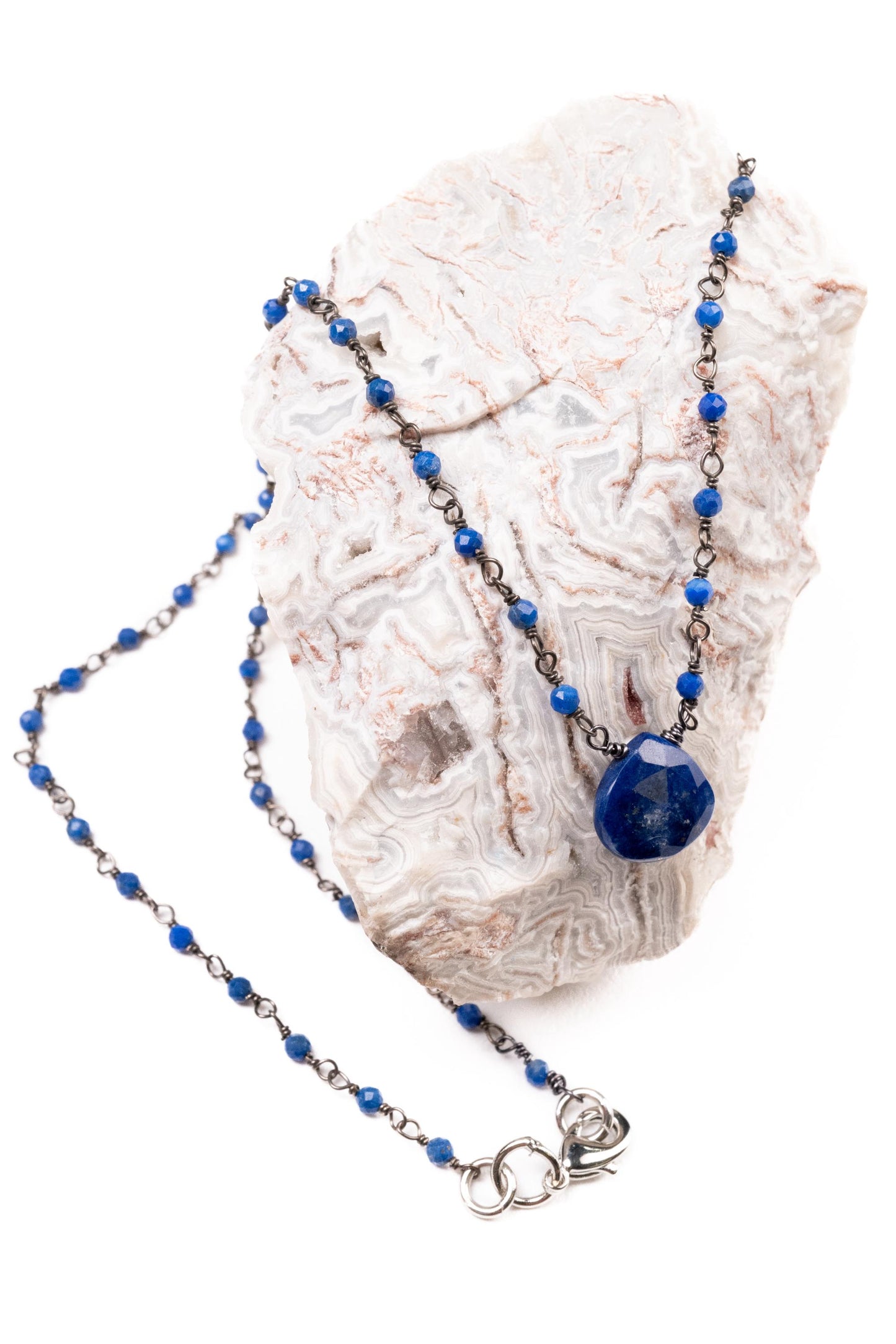 Lapis heart jewelry set. Afghanistan Lapis dark blue Oxidized silver Faceted rosary Chain, 10mm lapis heart pendant and earrings set