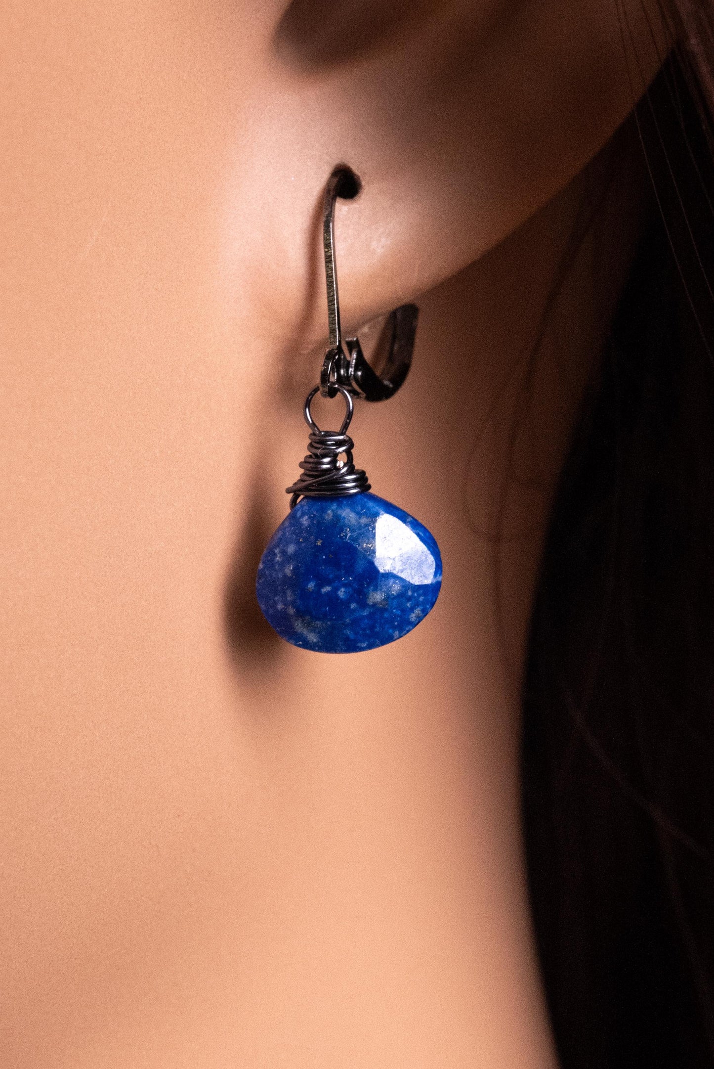 Lapis heart jewelry set. Afghanistan Lapis dark blue Oxidized silver Faceted rosary Chain, 10mm lapis heart pendant and earrings set