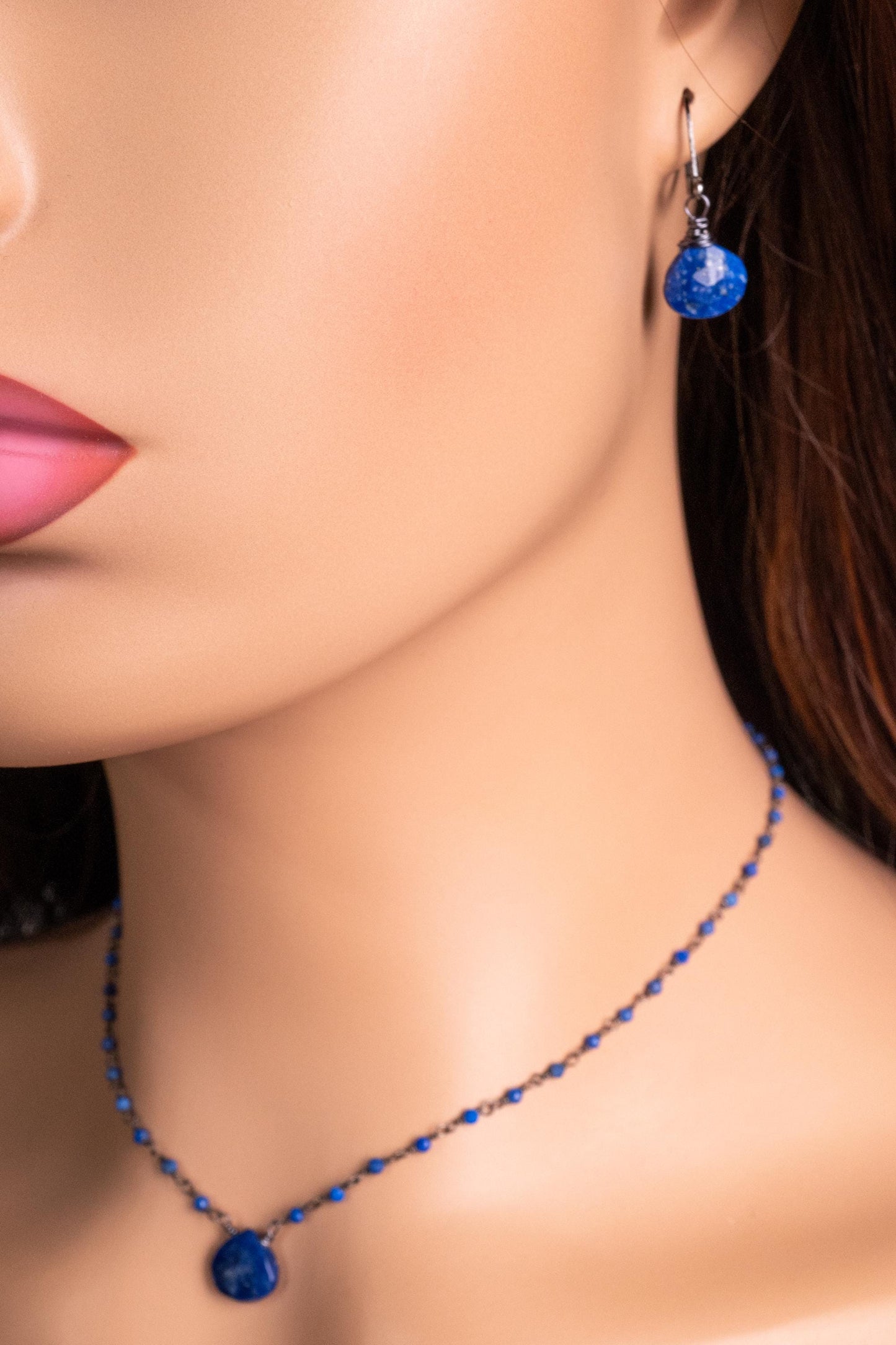 Lapis heart jewelry set. Afghanistan Lapis dark blue Oxidized silver Faceted rosary Chain, 10mm lapis heart pendant and earrings set