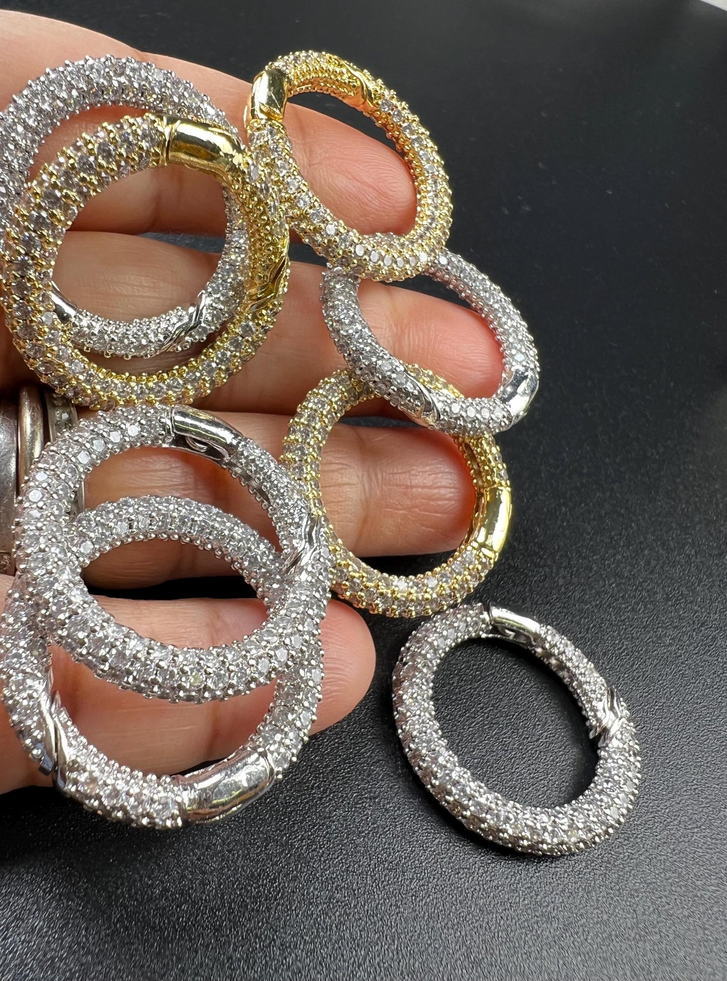 Cubic Zirconia CZ Diamond Micro Pave Push In Carabiner Circle Clasp double sided Diamond setting Jewelry making fancy clasp 1pc 17mm circle