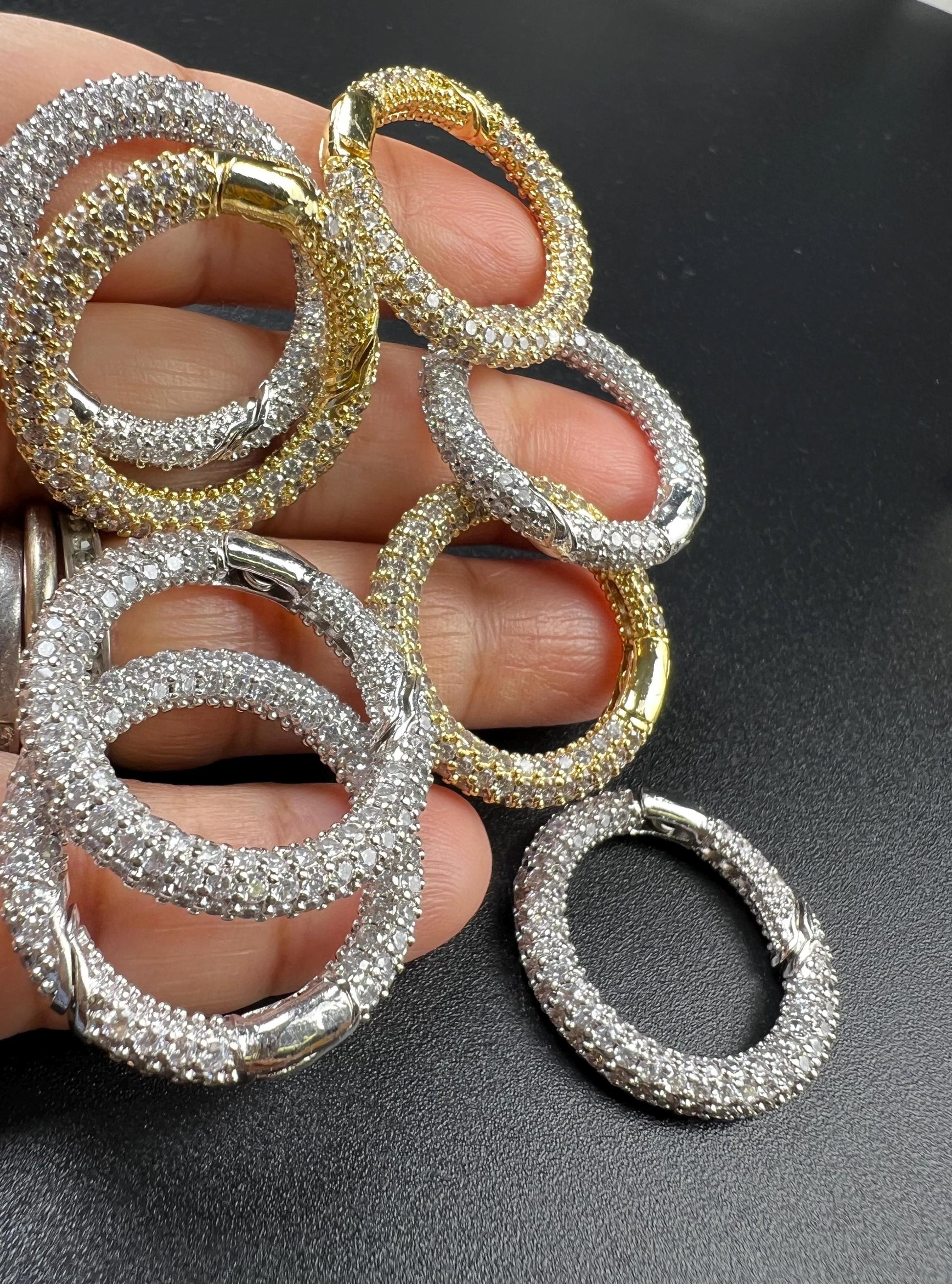 Cubic Zirconia CZ Diamond Micro Pave Push In Carabiner Circle Clasp double sided Diamond setting Jewelry making fancy clasp 1pc 17mm circle