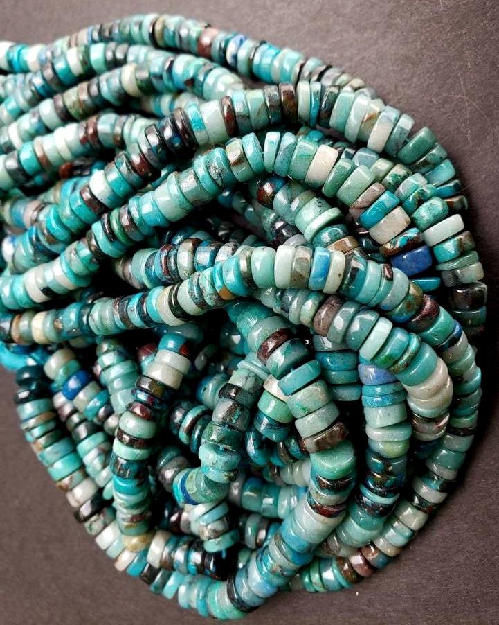 Natural Chrysocola Smooth heishi wheel roundel 6-6.5mm Beautiful blue green AAA Quality quality jewelry making beads. 7.5",15" strand