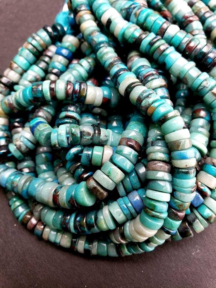 Natural Chrysocola Smooth heishi wheel roundel 6-6.5mm Beautiful blue green AAA Quality quality jewelry making beads. 7.5",15" strand