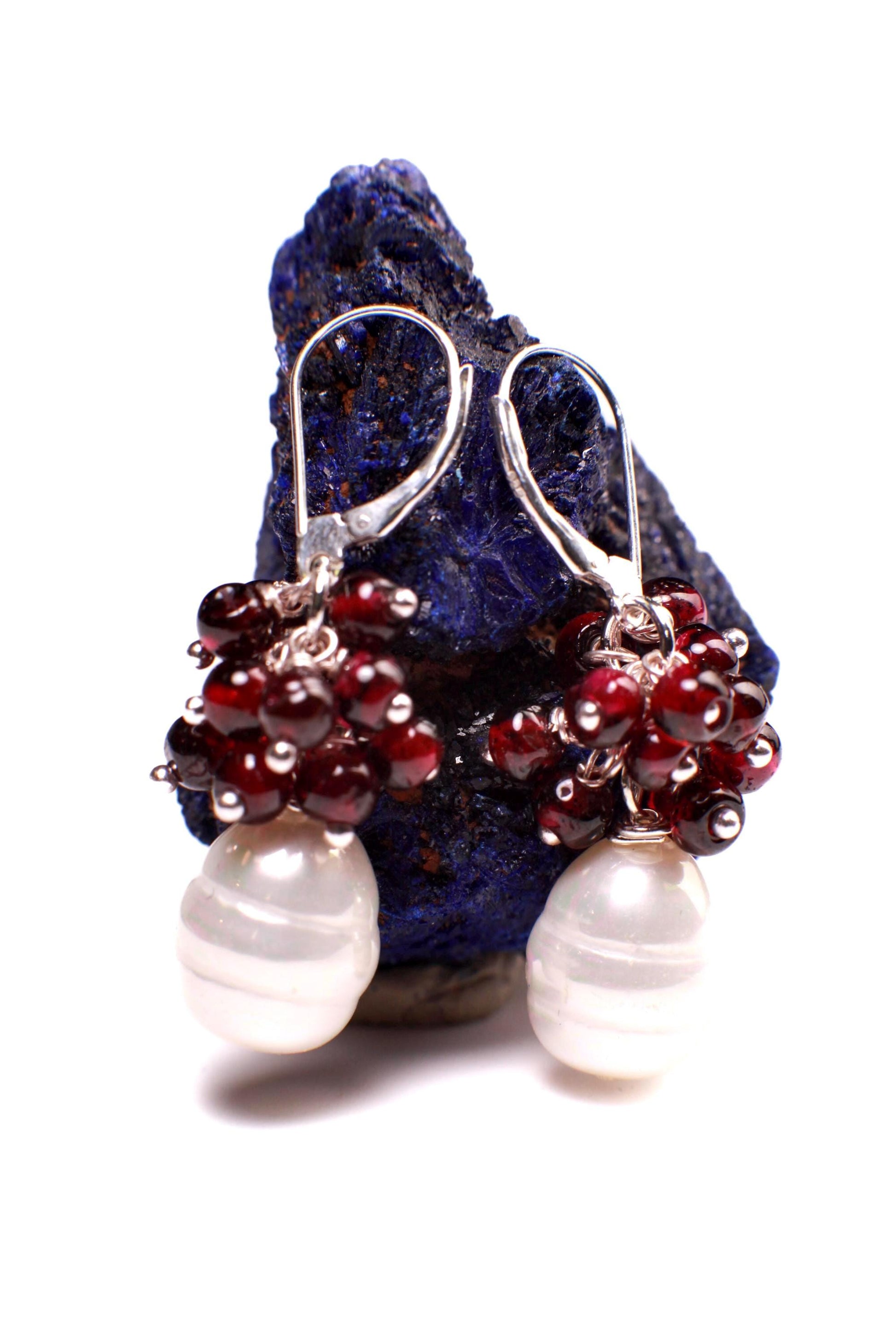Garnet Cluster Sterling Silver Earrings, South Seashell Pearl Dangle, Boho Bridal