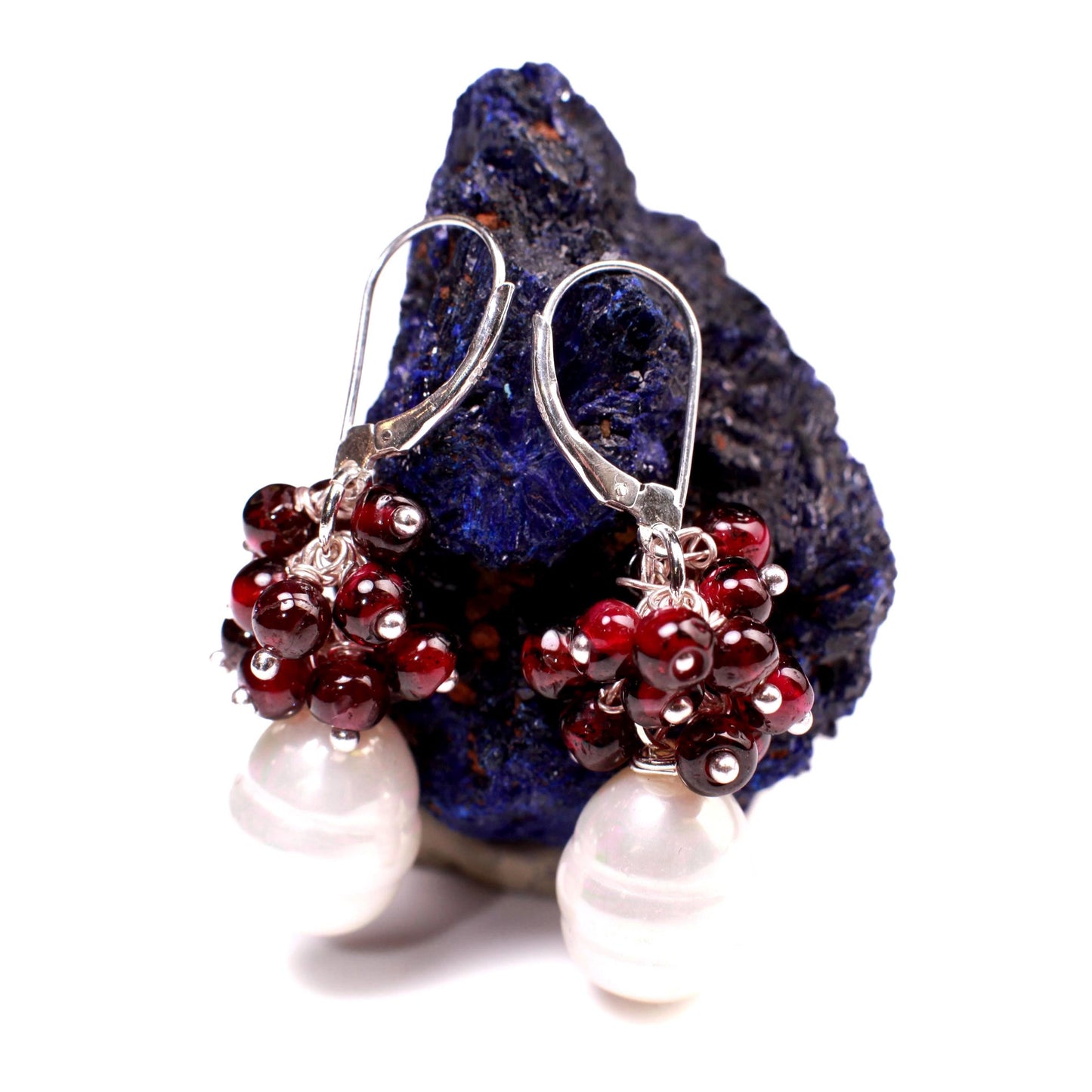 Garnet Cluster Sterling Silver Earrings, South Seashell Pearl Dangle, Boho Bridal