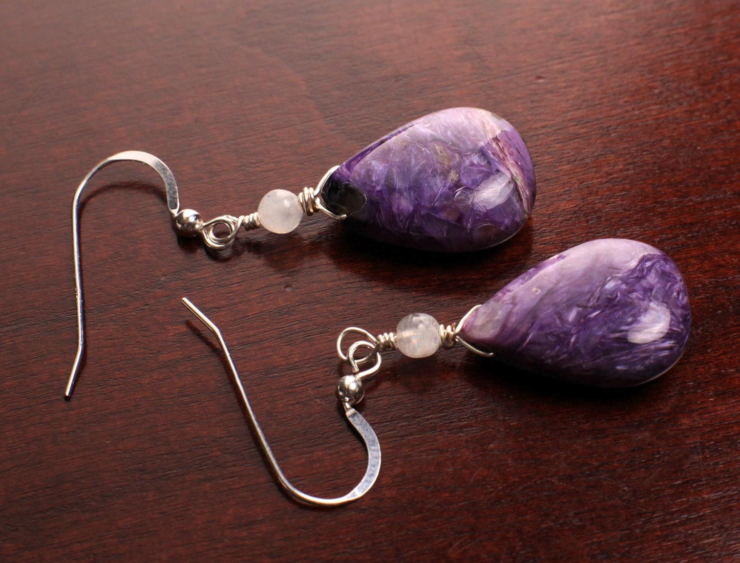 Natural Charolite smooth drop ,moonstone top spacer 925 sterling silver dangle earring. Beautiful rare AAA quality Rare Gemstone earring