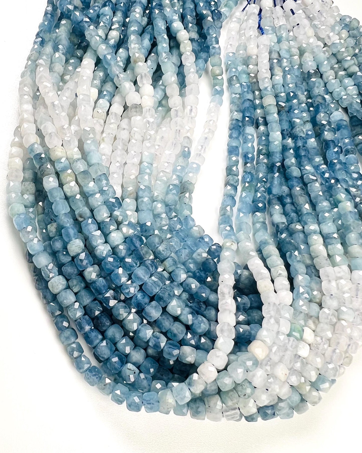 Natural Aquamarine Faceted Square cube shape Jewelry Making blue shaded beads 4-4.5mm 14” full Strand