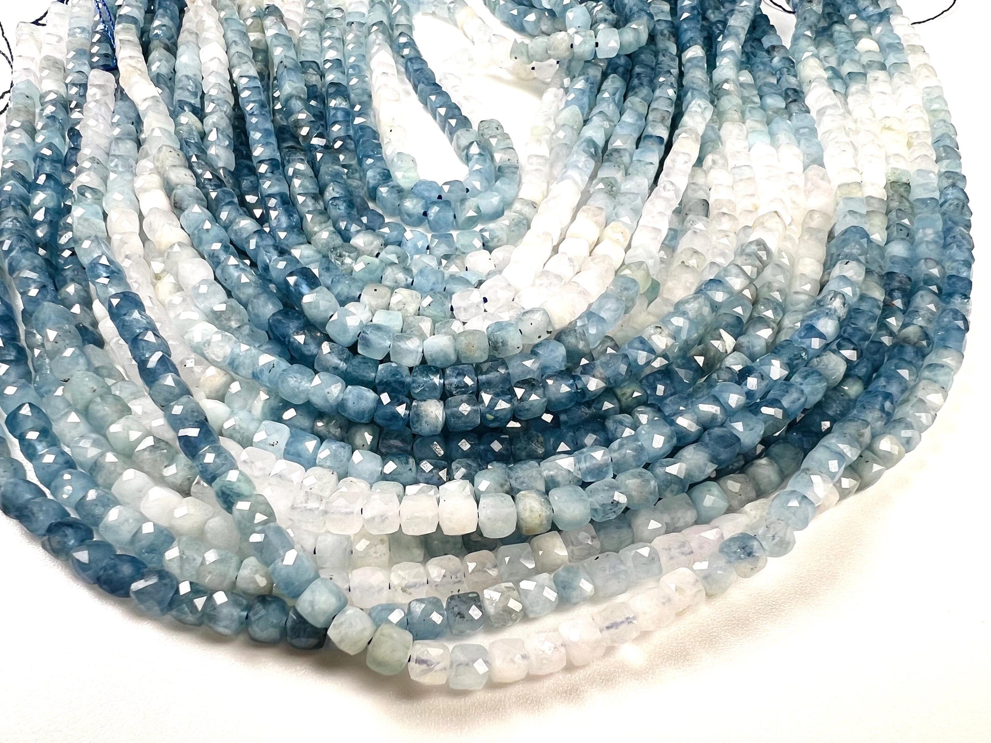 Natural Aquamarine Faceted Square cube shape Jewelry Making blue shaded beads 4-4.5mm 14” full Strand