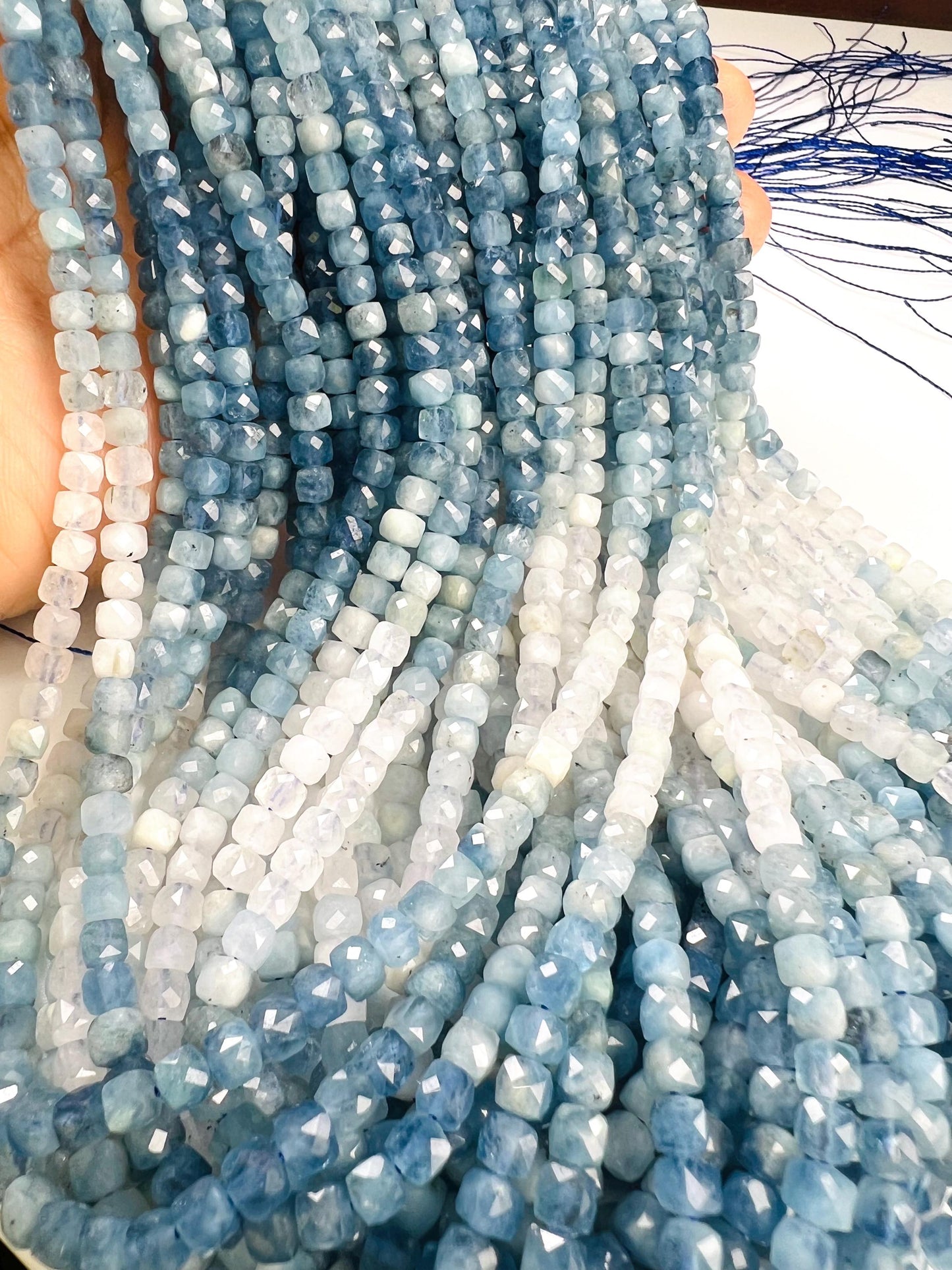 Natural Aquamarine Faceted Square cube shape Jewelry Making blue shaded beads 4-4.5mm 14” full Strand