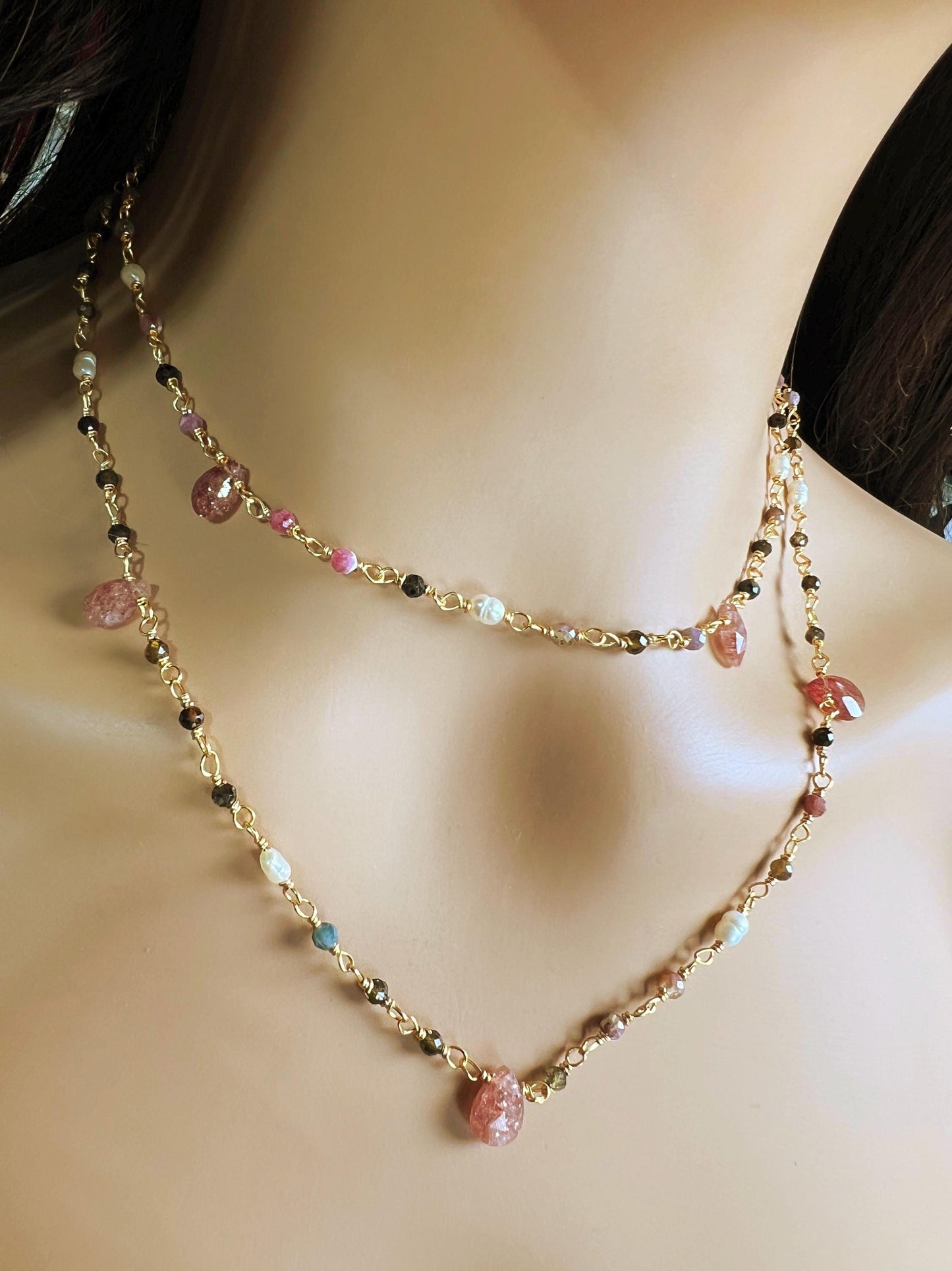 Natural Tourmaline freshwater pearl and natural Strawberry Quartz handmade Necklace , 18k gold vermeil ,Valentine Gift,