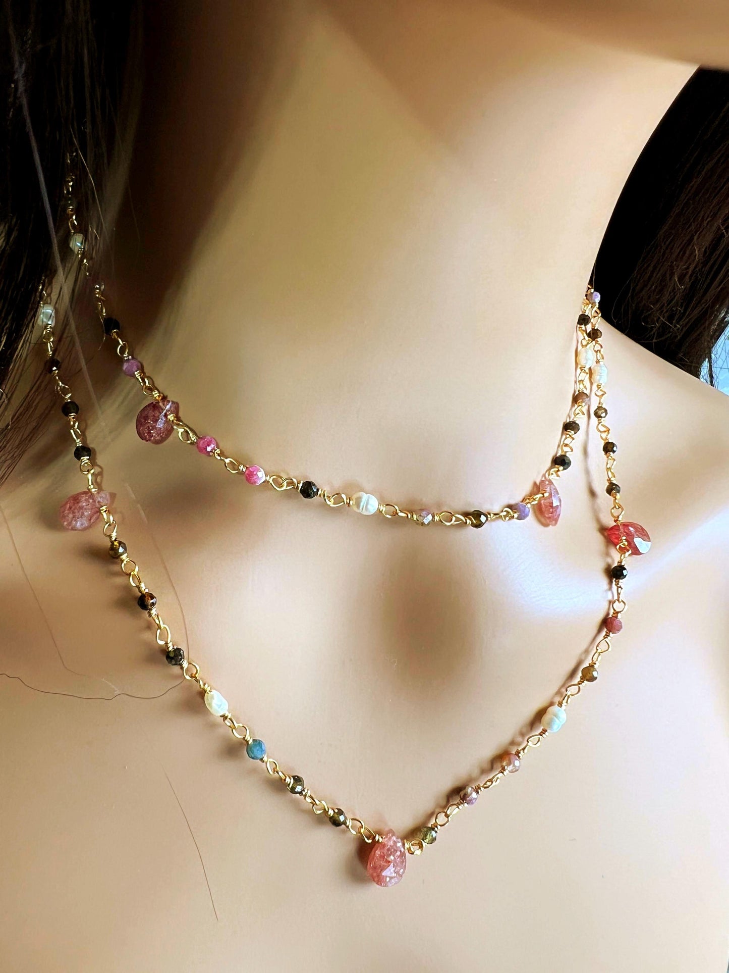 Natural Tourmaline freshwater pearl and natural Strawberry Quartz handmade Necklace , 18k gold vermeil ,Valentine Gift,