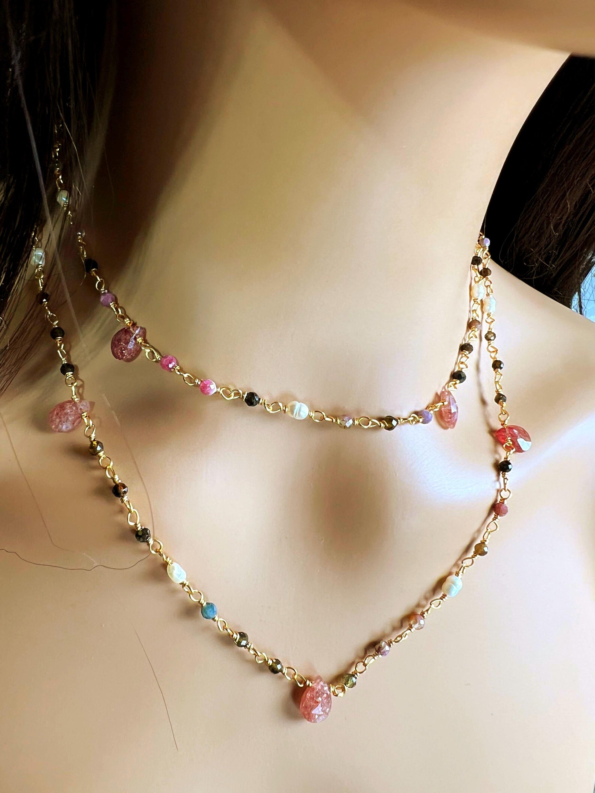 Natural Tourmaline freshwater pearl and natural Strawberry Quartz handmade Necklace , 18k gold vermeil ,Valentine Gift,