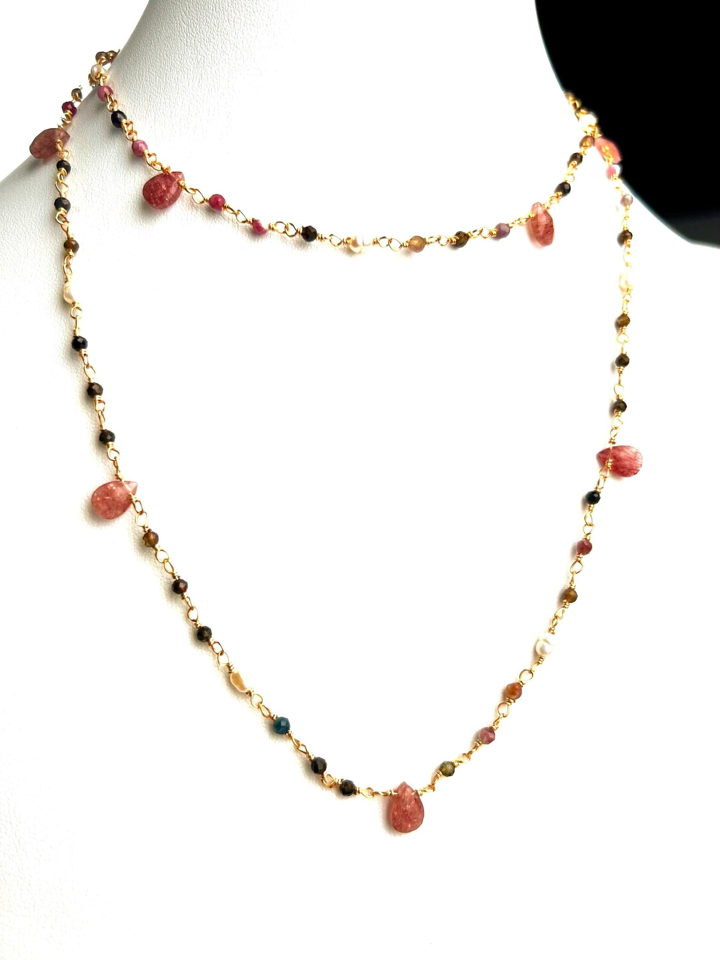 Natural Tourmaline freshwater pearl and natural Strawberry Quartz handmade Necklace , 18k gold vermeil ,Valentine Gift,
