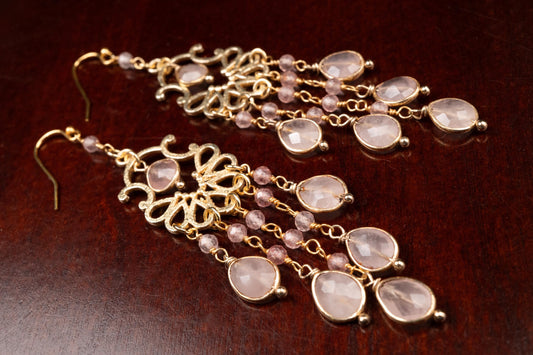 Natural Rose Quartz Dangling Bezel Chandelier in 14K Gold Vermeil Ear wire, January Birthstone, Precious Gift for her