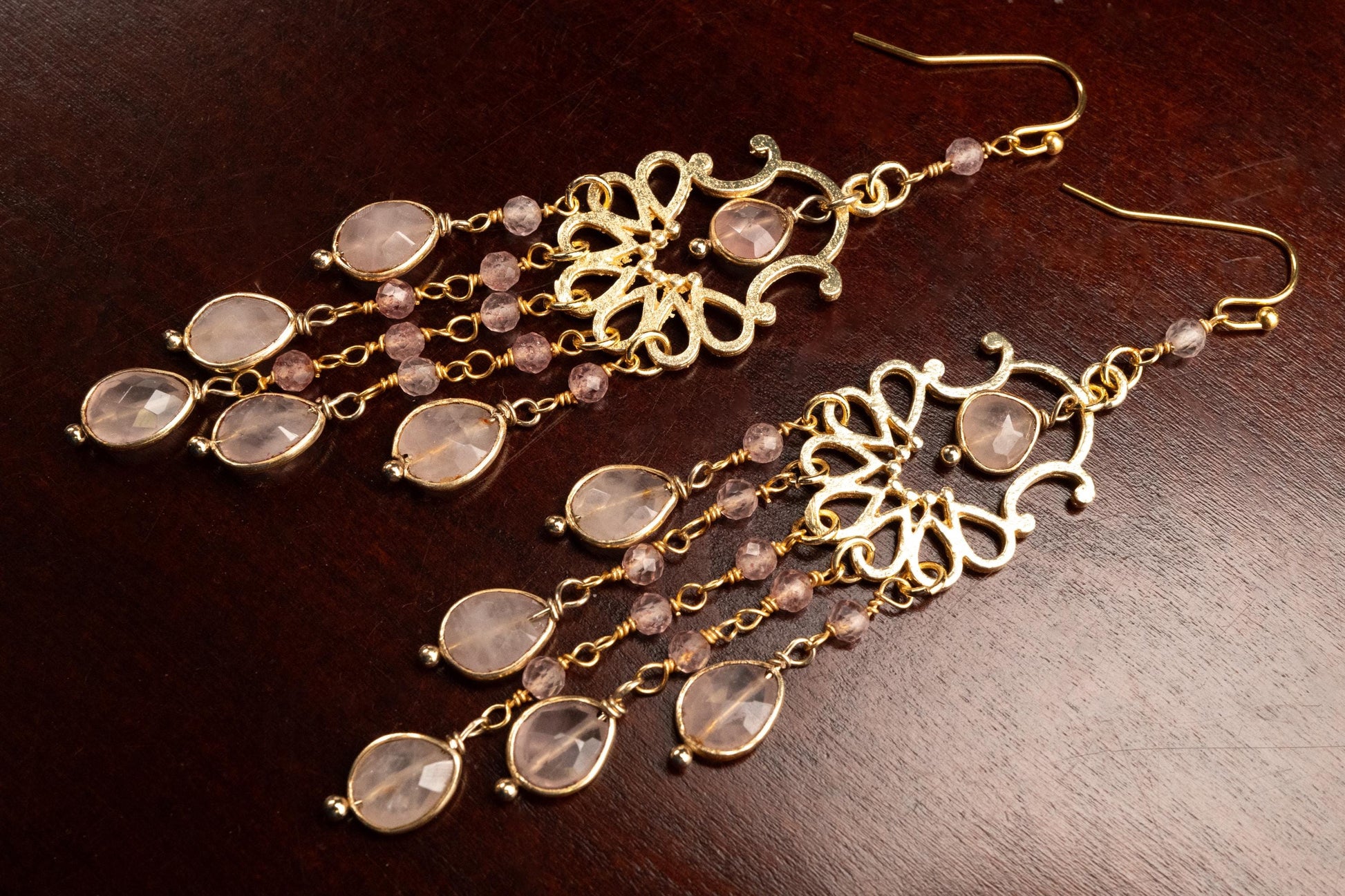 Natural Rose Quartz Dangling Bezel Chandelier in 14K Gold Vermeil Ear wire, January Birthstone, Precious Gift for her