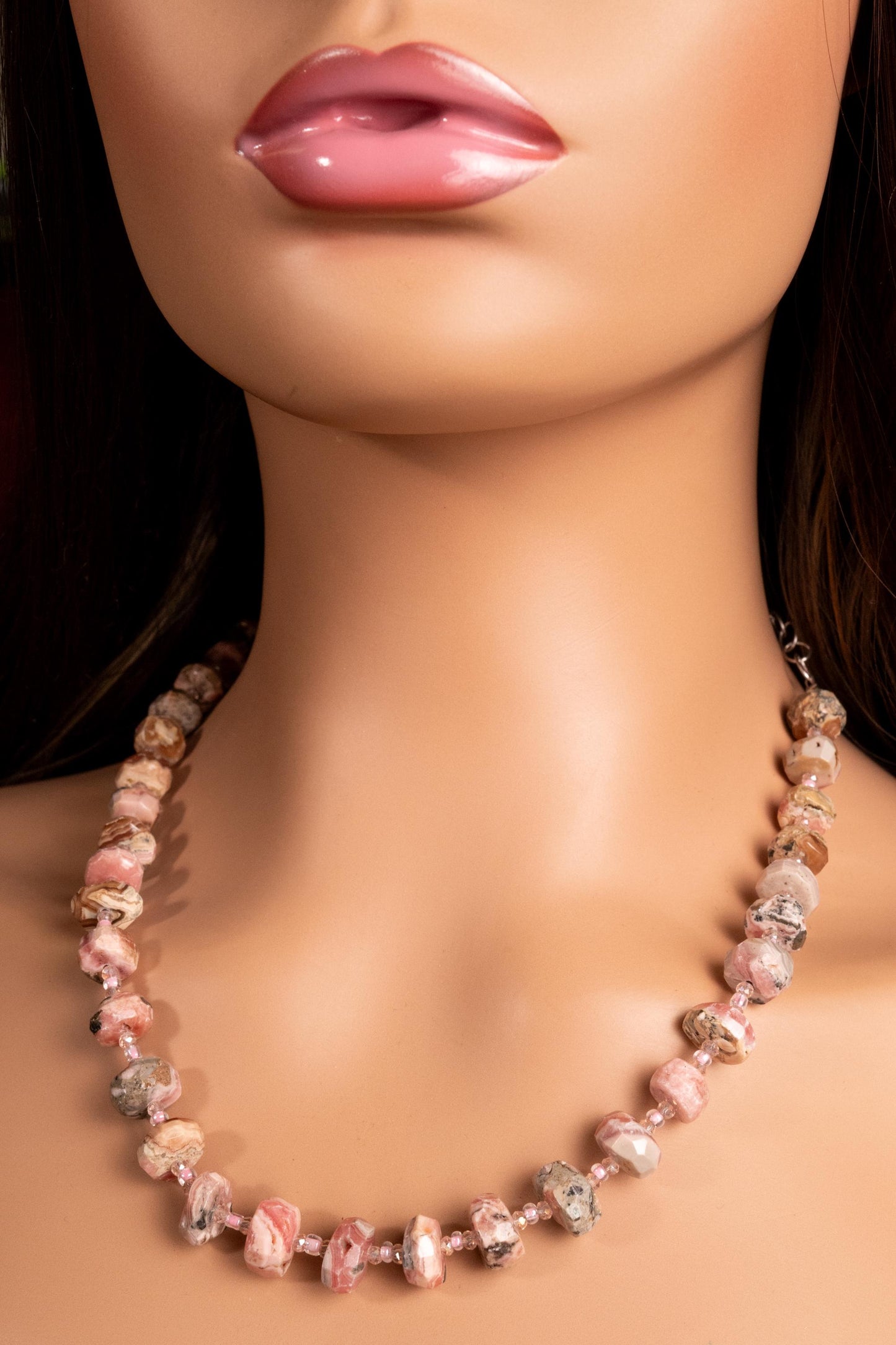 Argentina Rhodochrosite Faceted Rondelle 6x11mm Necklace, Pink Quartz Spacers, 925 Sterling Silver 20.5" Necklace with 2" Extension