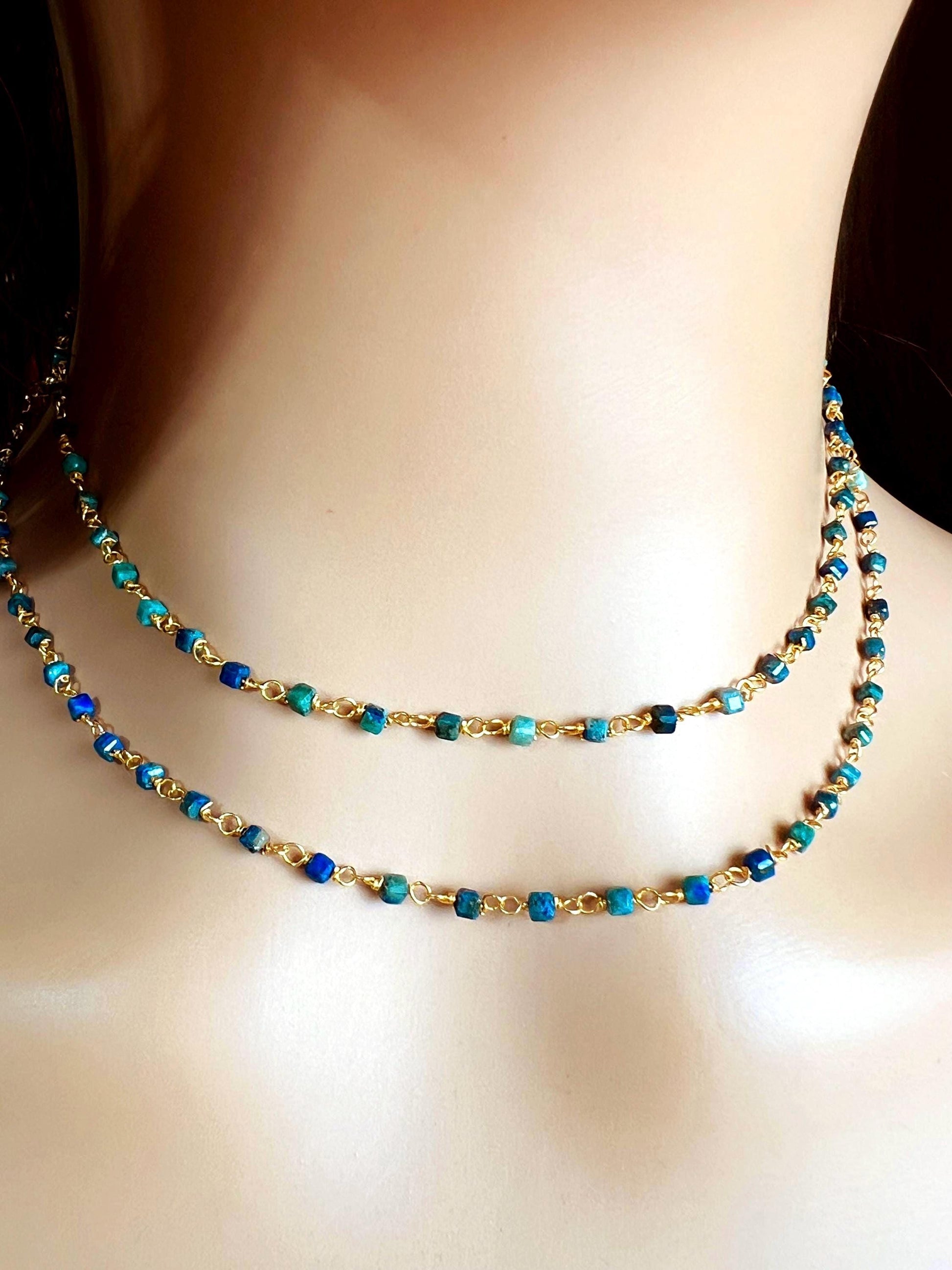Chrysocolla square cube shape Wire Wrapped handmade gold gold Necklace, choker, layering , Holiday Gift, 14"- 30". Very beautiful