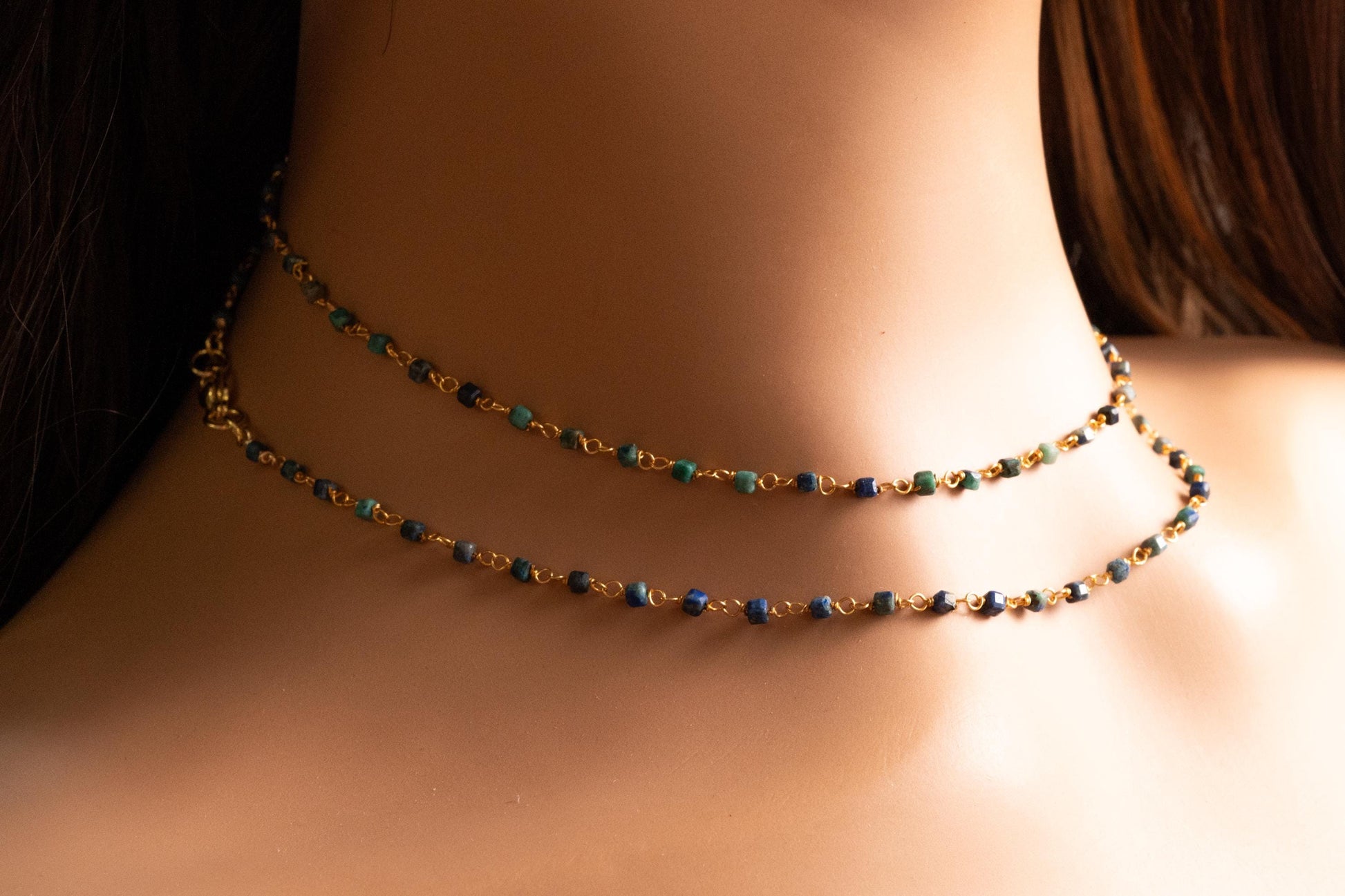 Chrysocolla square cube shape Wire Wrapped handmade gold gold Necklace, choker, layering , Holiday Gift, 14"- 30". Very beautiful